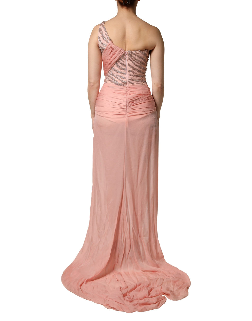 Robe longue maxi rose de Dolce & Gabbana à une épaule, ornée de embellissements élégants, pour une allure sophistiquée.