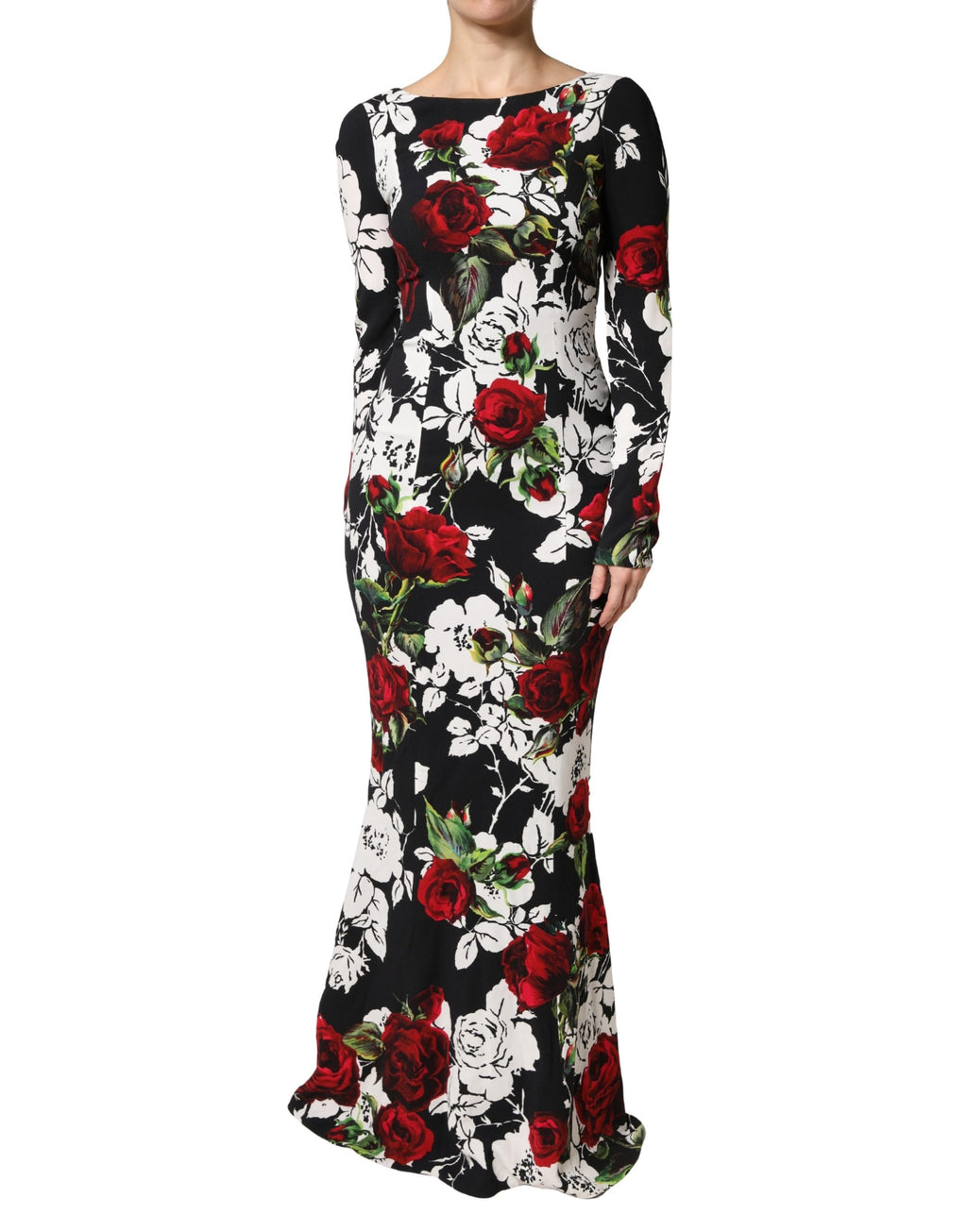 Robe longue noire Dolce & Gabbana en viscose à imprimé floral, silhouette cintrée et élégante.