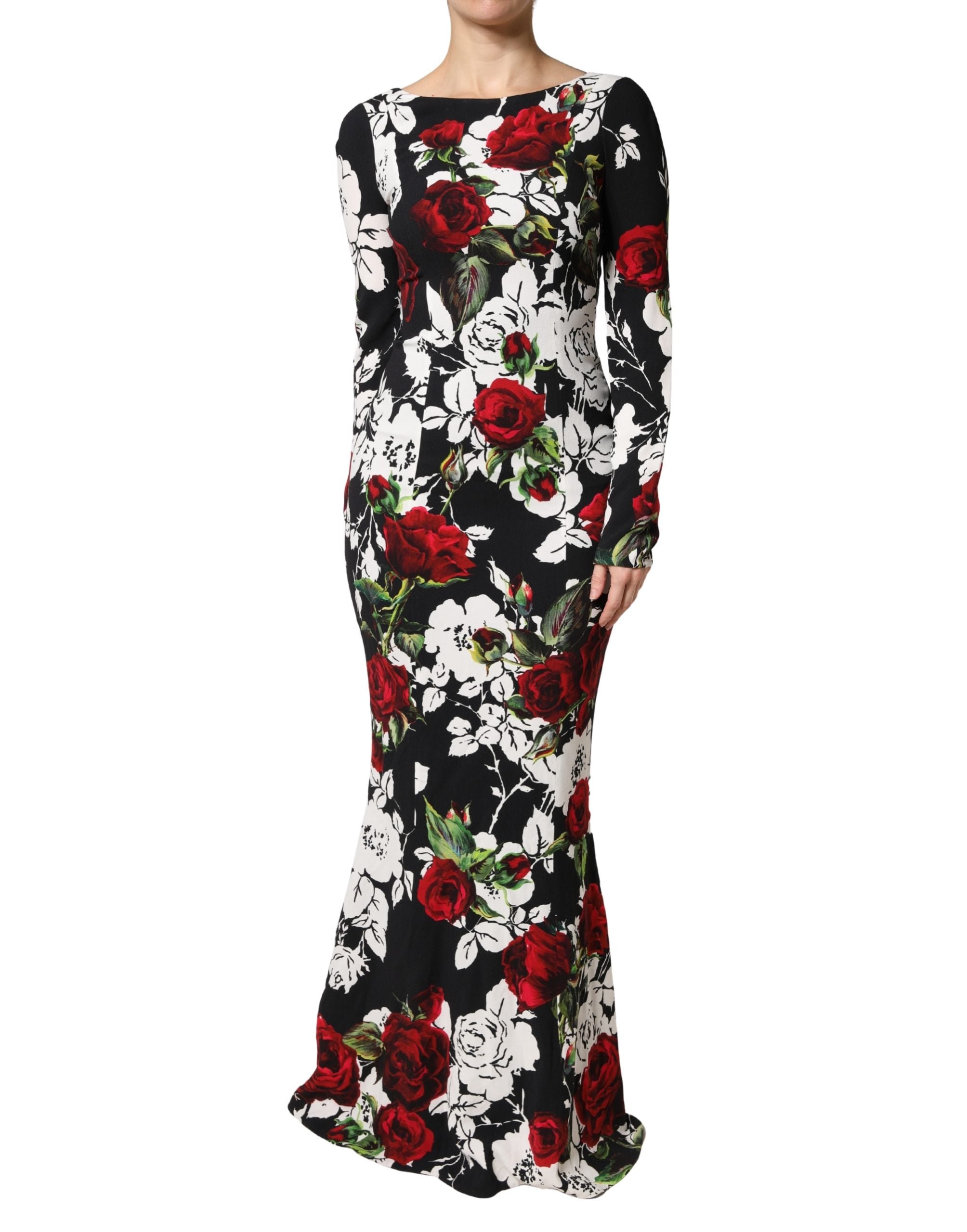 Robe longue noire Dolce & Gabbana en viscose à imprimé floral, silhouette cintrée et élégante.