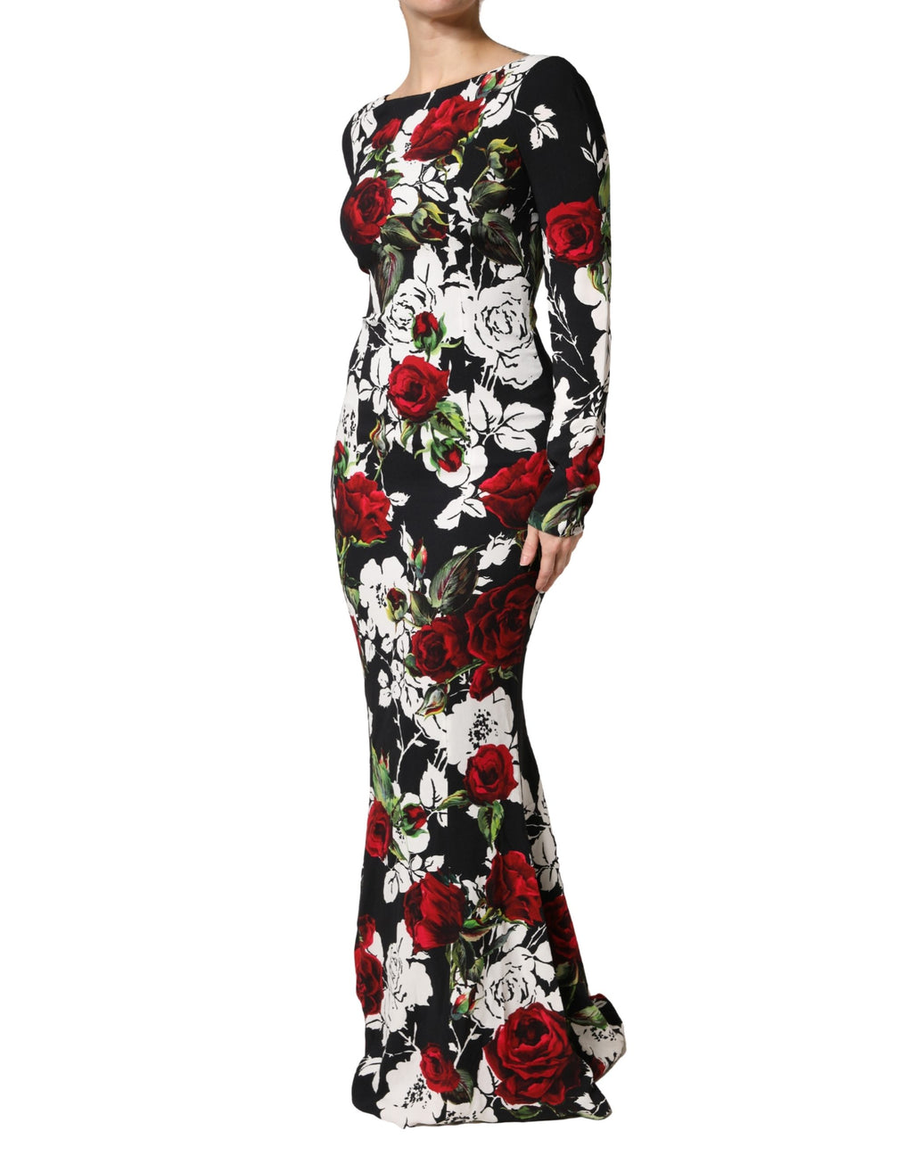 Robe longue noire Dolce & Gabbana en viscose à motifs floraux, robe moulante élégante avec décolleté en V.