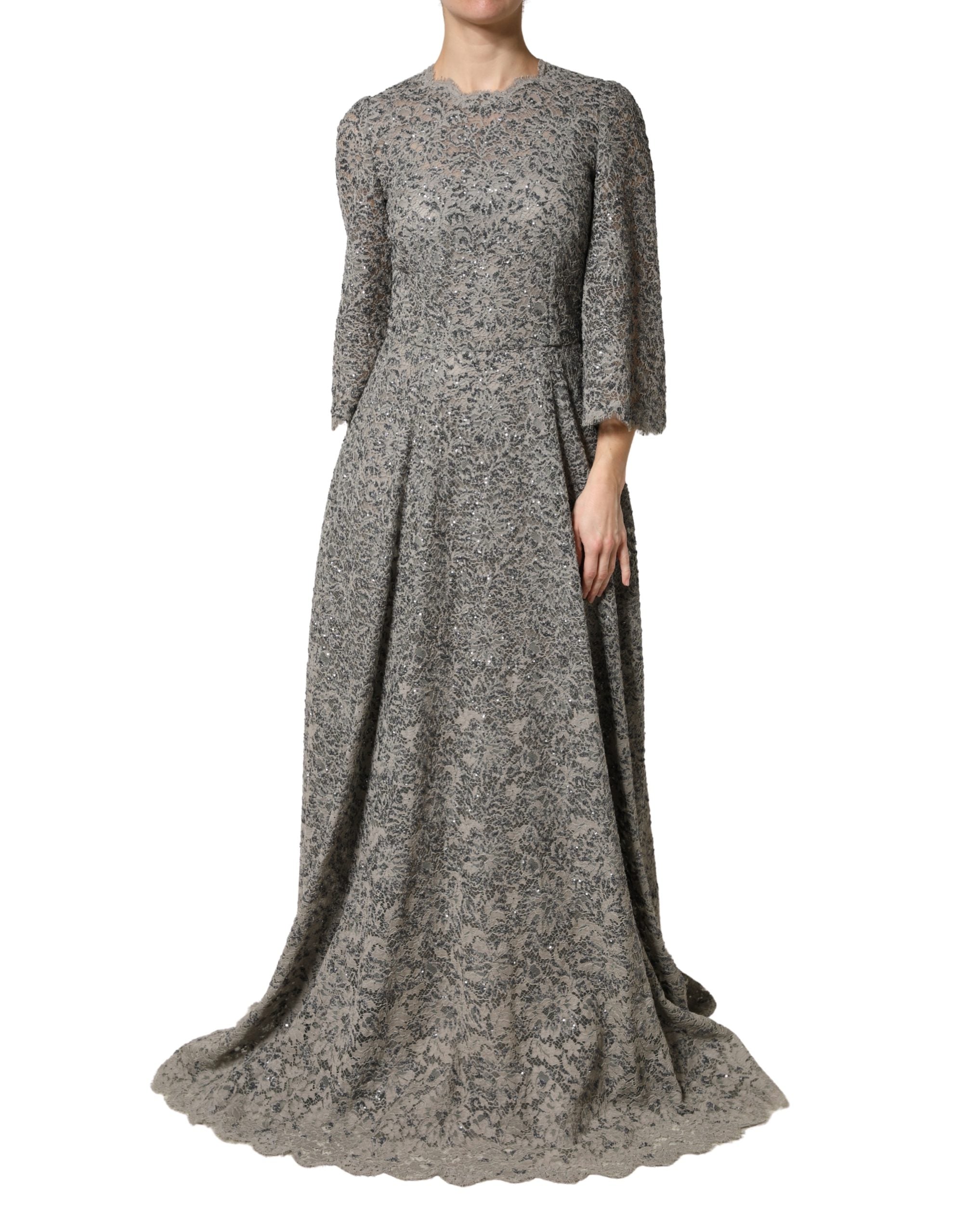 Robe longue en coton gris à manches longues de Dolce & Gabbana, design élégant avec dentelle raffinée.