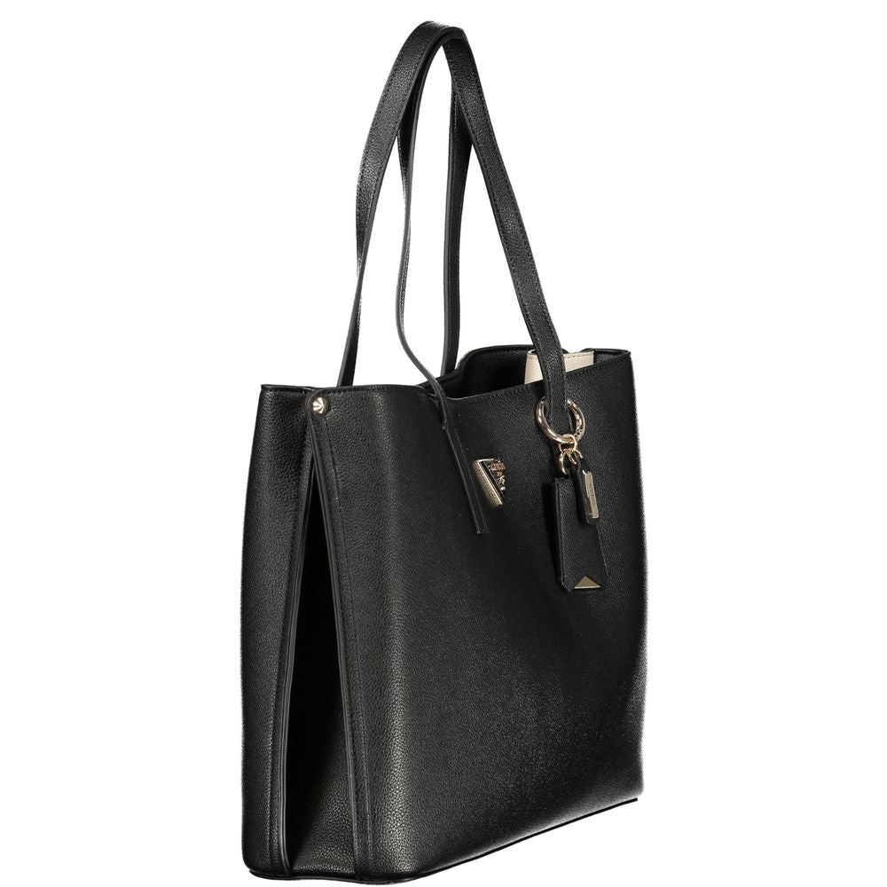 Sac à main noir en polyuréthane Guess Jeans pour femmes, avec détails élégants et design moderne.