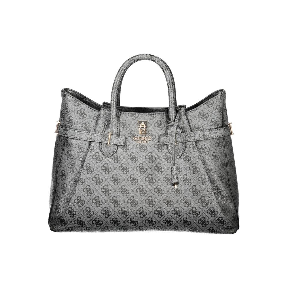 Sac à main noir en polyuréthane Guess Jeans pour femmes, design élégant avec poignées et détails modernes.