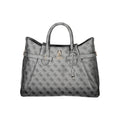 Sac à main noir en polyuréthane Guess Jeans pour femmes, design élégant avec poignées et détails modernes.