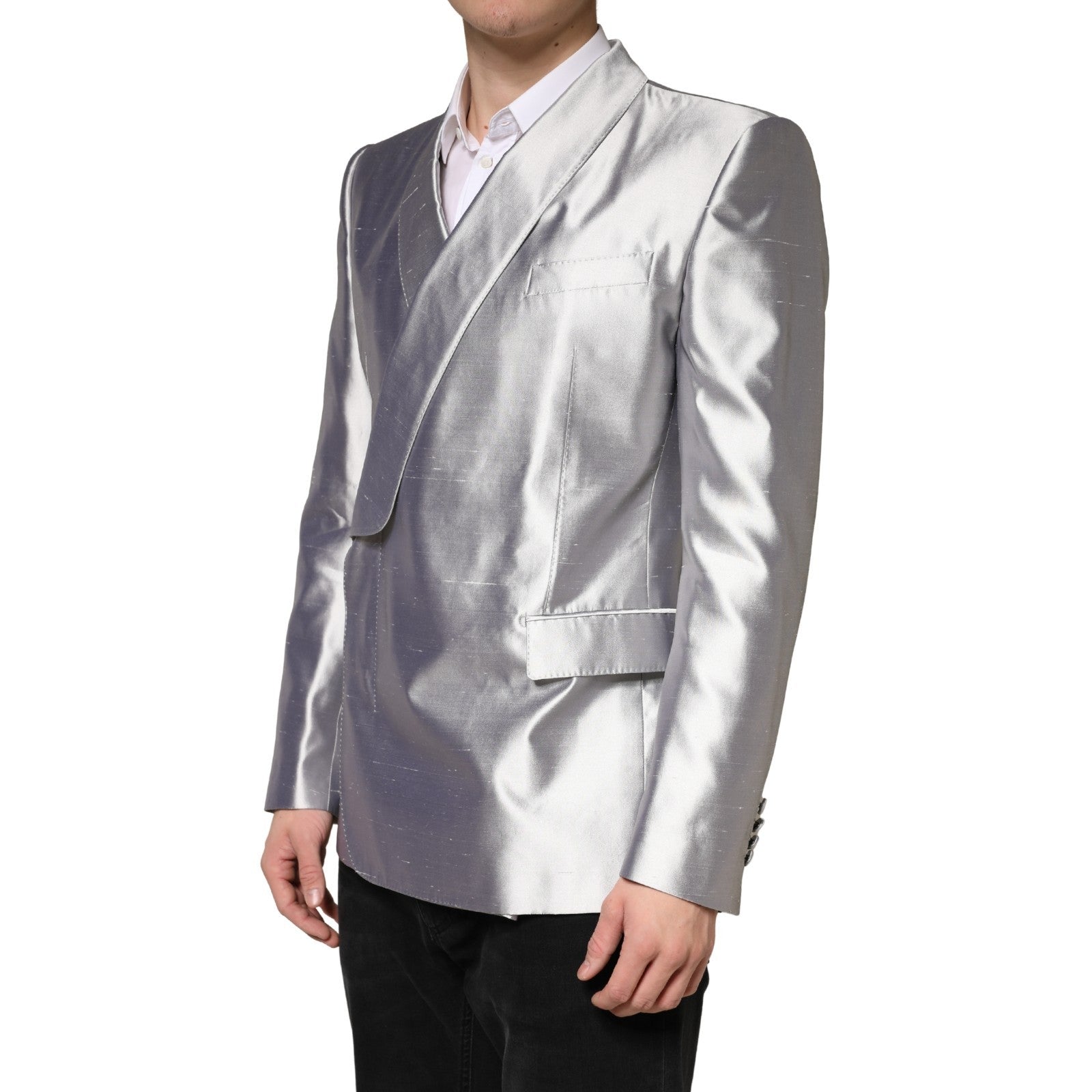 Blazer en soie argentée Dolce & Gabbana Sicilia, double boutonnage, style élégant et sophistiqué.
