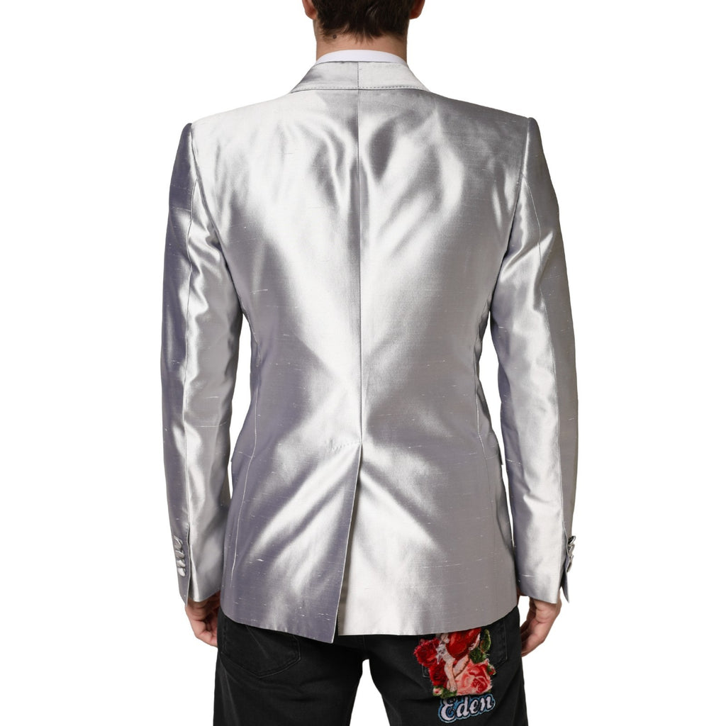 Veste blazer double boutonnage en soie argentée Dolce & Gabbana Sicilia, style élégant et sophistiqué.