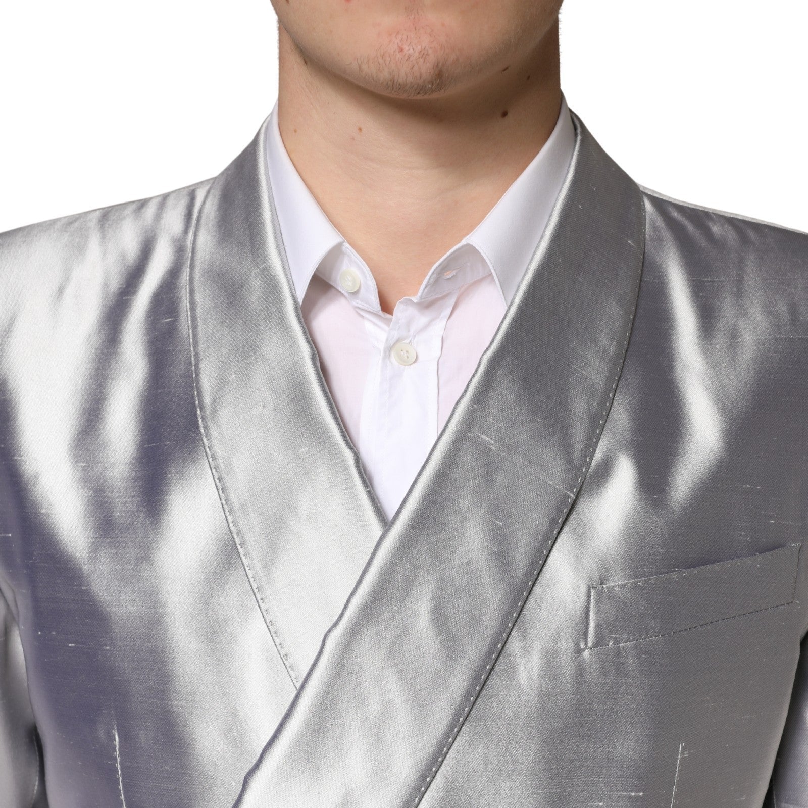 Blazer en soie double boutonnage Dolce & Gabbana Sicilia en argent, coupe élégante et finition raffinée.