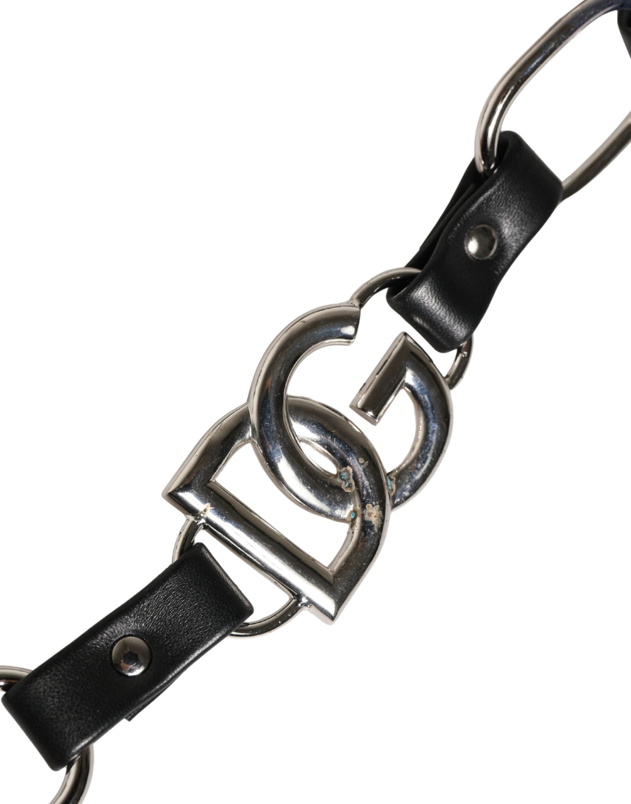 Sangle d'épaule en cuir noir et chaîne argentée pour sac Dolce & Gabbana, accessoire élégant et robuste.
