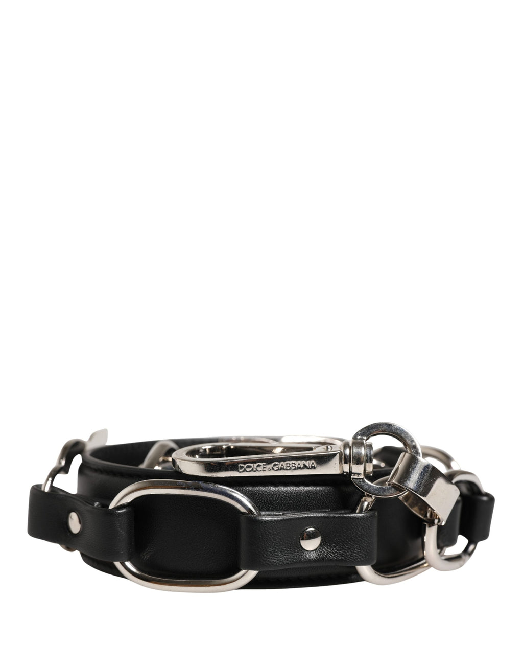 Sangle d'épaule en cuir noir et chaîne argentée Dolce & Gabbana pour sac à main ou accessoire de mode.