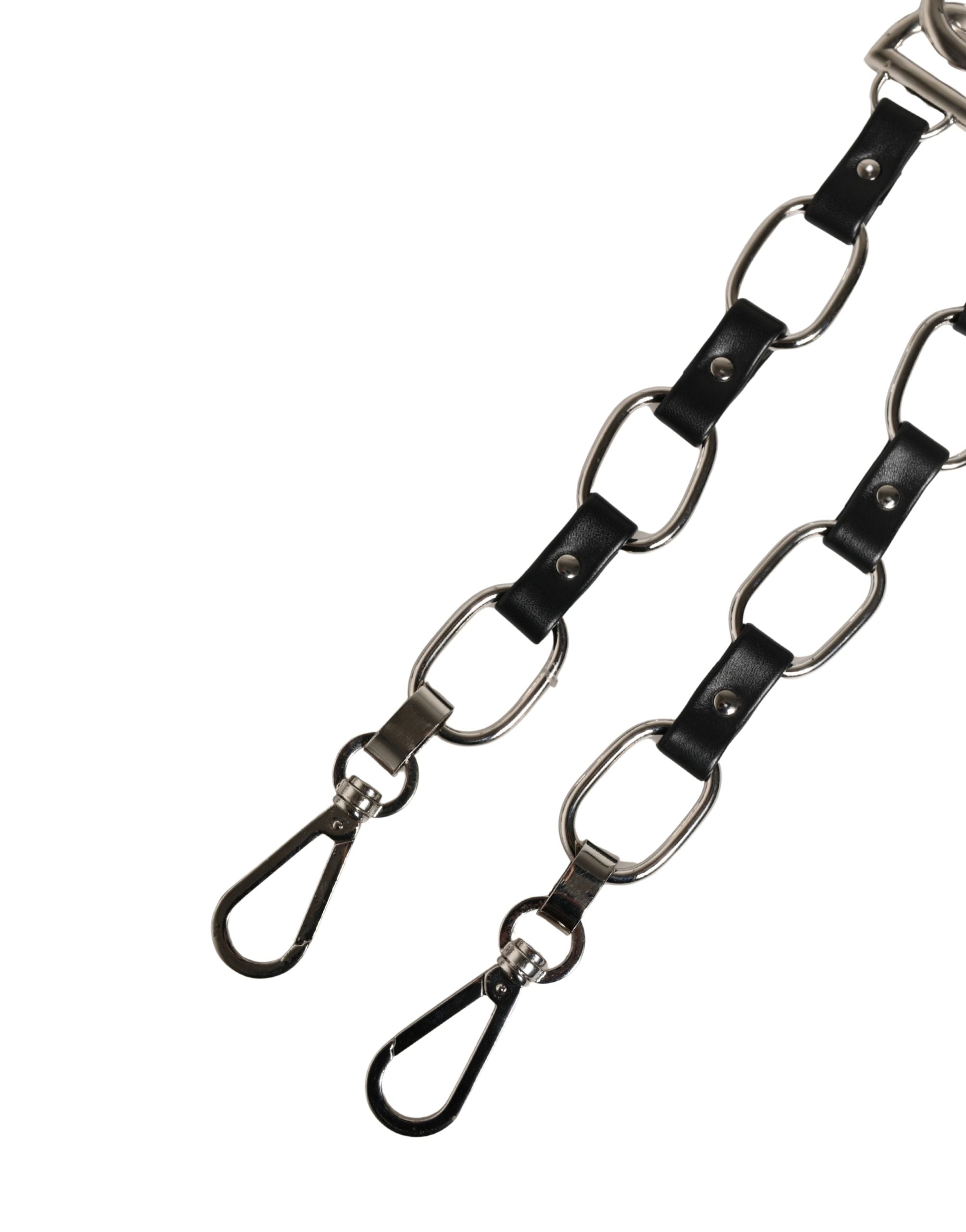 Sangle d'épaule en cuir noir et chaîne argentée pour sac Dolce & Gabbana, accessoire élégant et sophistiqué.