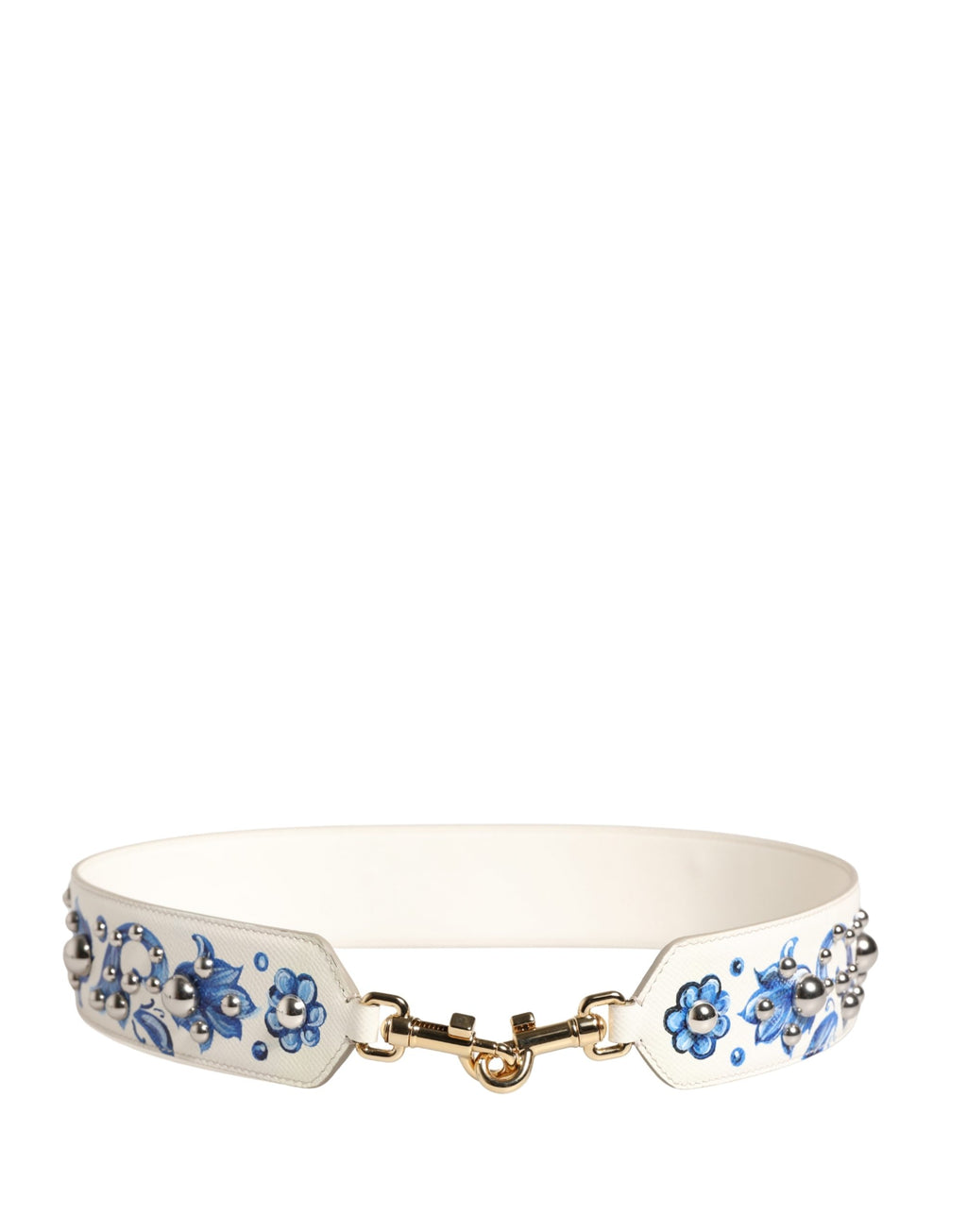 Sangle d'épaule en cuir blanc et bleu avec fleurs Dolce & Gabbana, ornée de studs, pour accessoire de mode élégante.