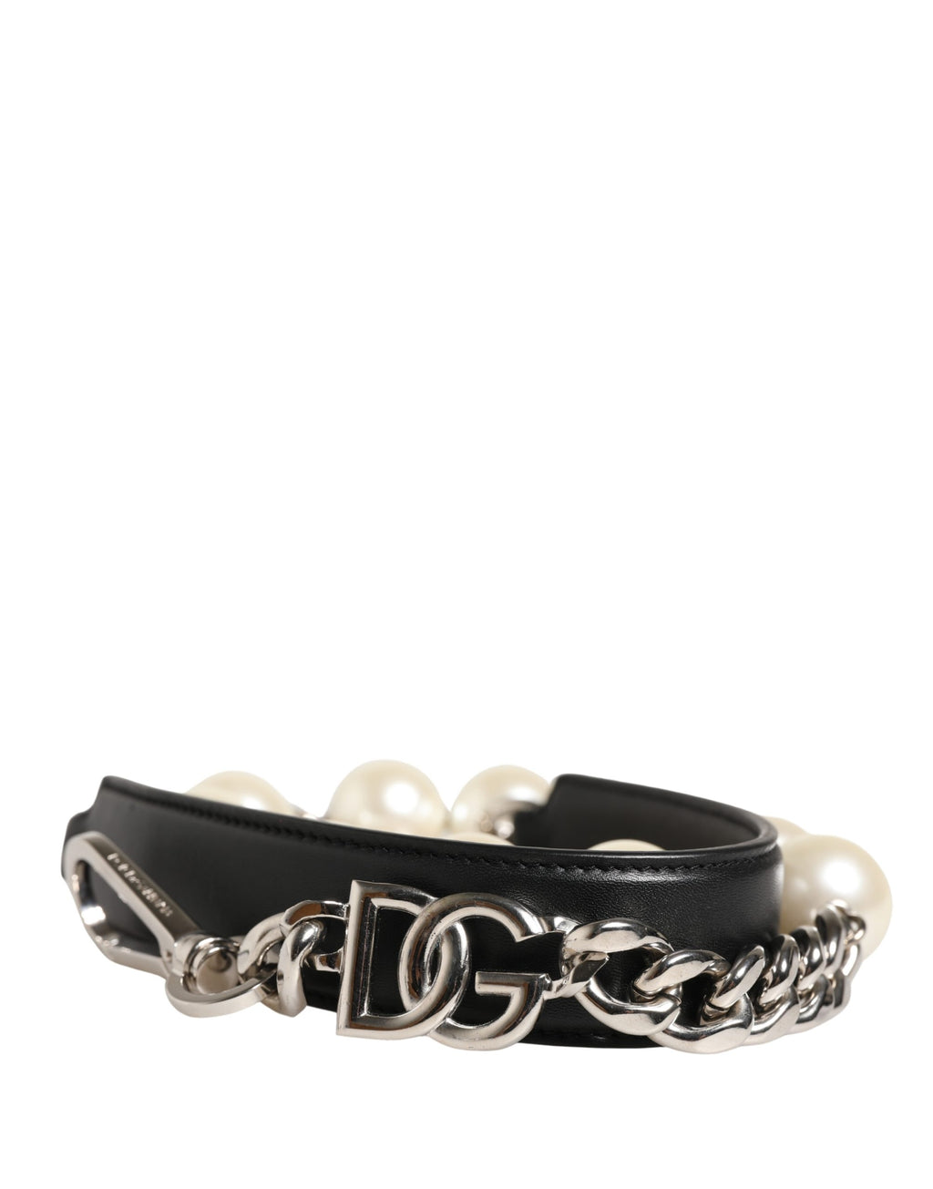 Sangle d'épaule en cuir noir et chaîne argentée de Dolce & Gabbana pour sac à main, accessoire élégant et tendance.