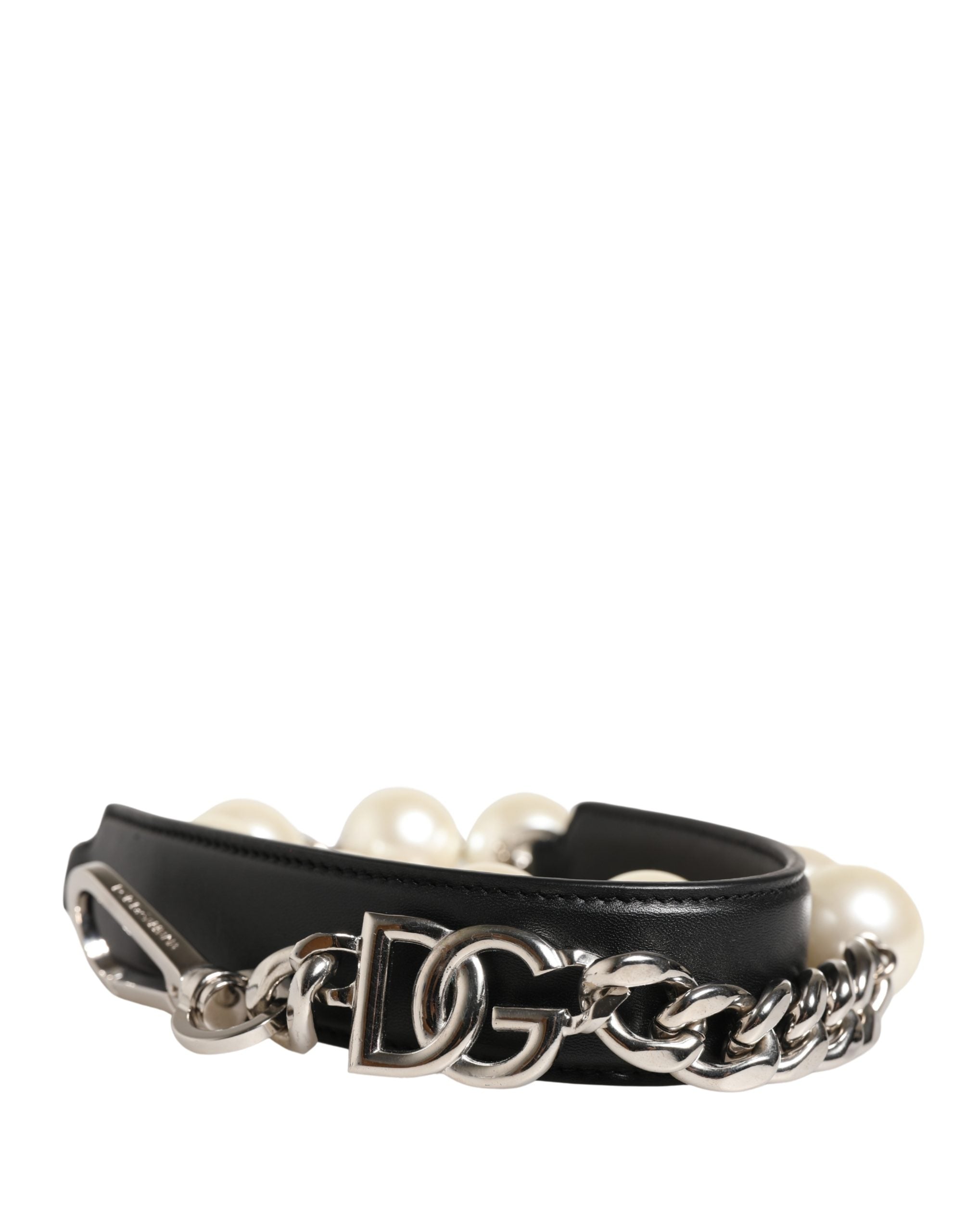 Sangle d'épaule en cuir noir et chaîne argentée de Dolce & Gabbana pour sac à main, accessoire élégant et tendance.
