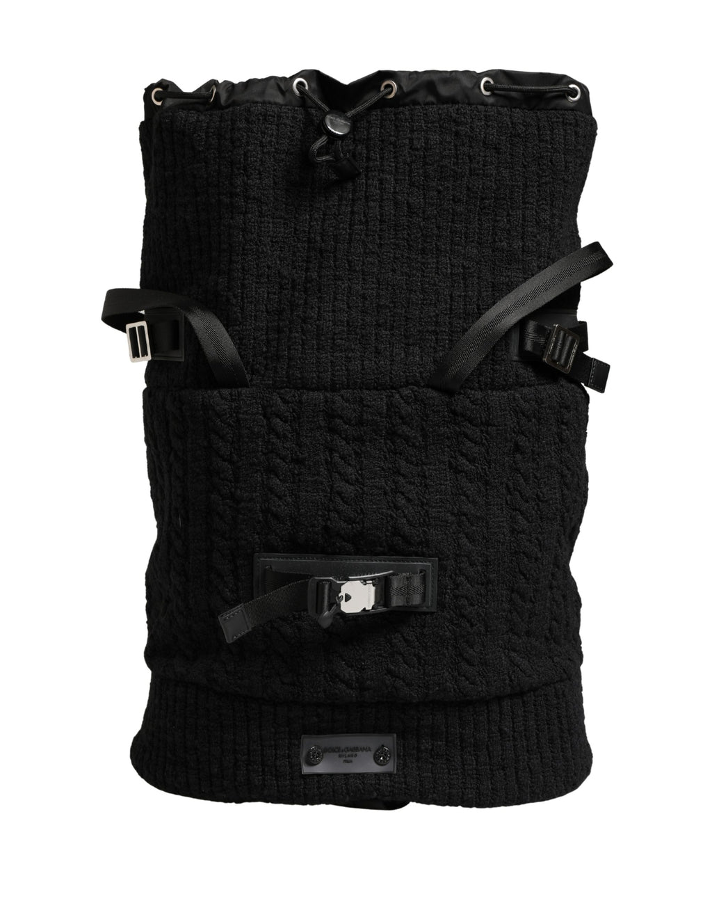 Sac à dos Dolce & Gabbana en laine mélangée noire, tricoté, avec bandoulière et compartiments pour voyage et usage quotidien.
