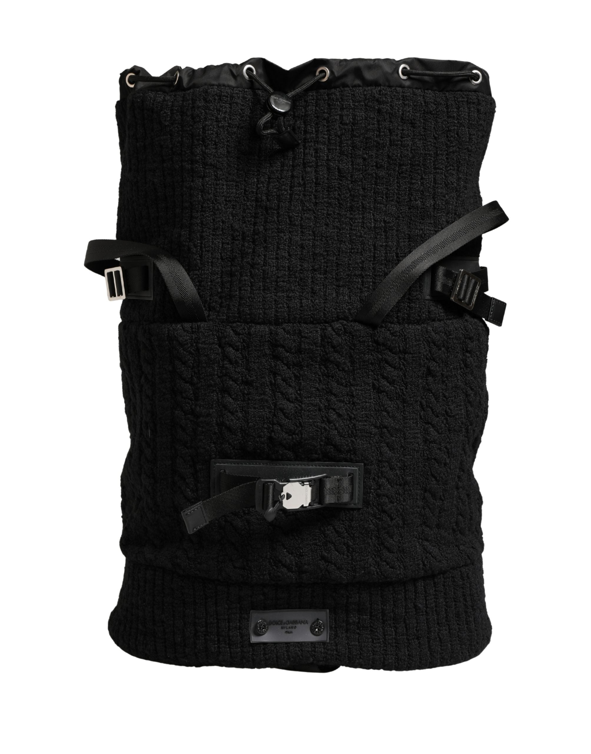 Sac à dos Dolce & Gabbana en laine mélangée noire, tricoté, avec bandoulière et compartiments pour voyage et usage quotidien.