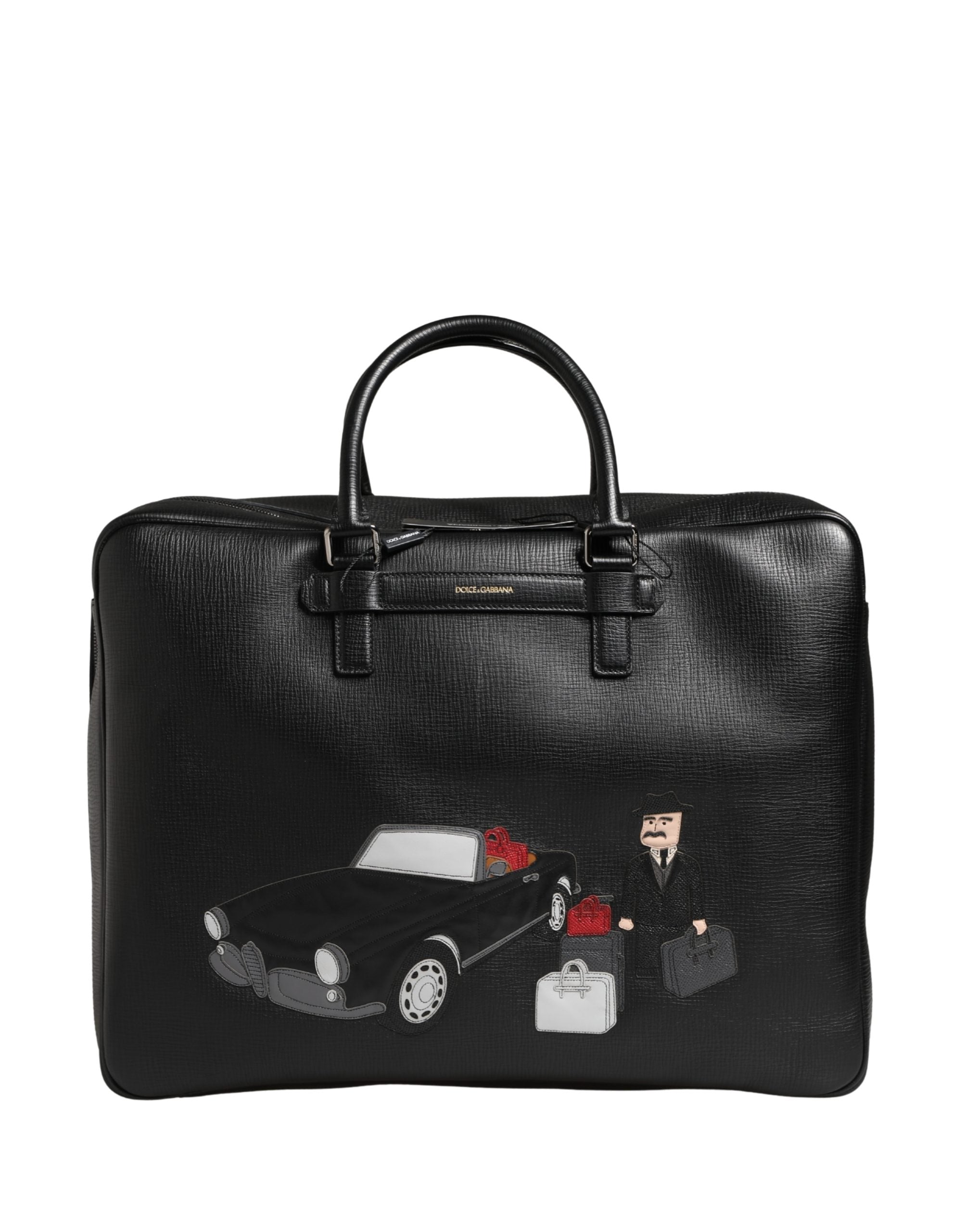 Sac weekender Dolce & Gabbana noir pour homme en cuir avec appliqué, visible avec détails élégants en image.