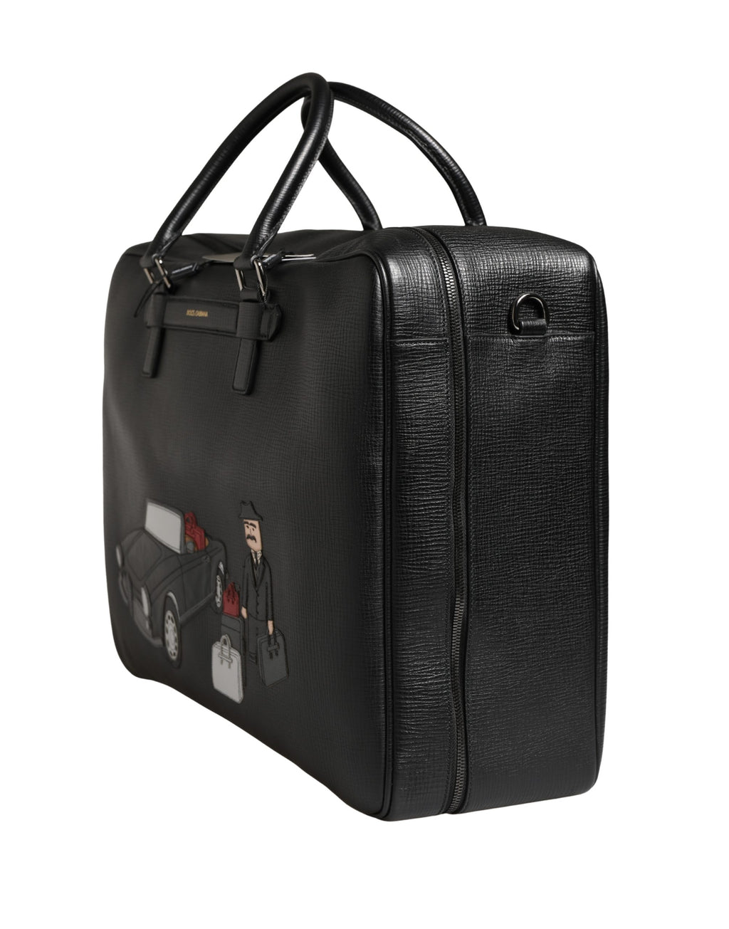 Sac weekender noir Dolce & Gabbana pour homme en cuir avec appliques, idéal pour voyager ou weekend.