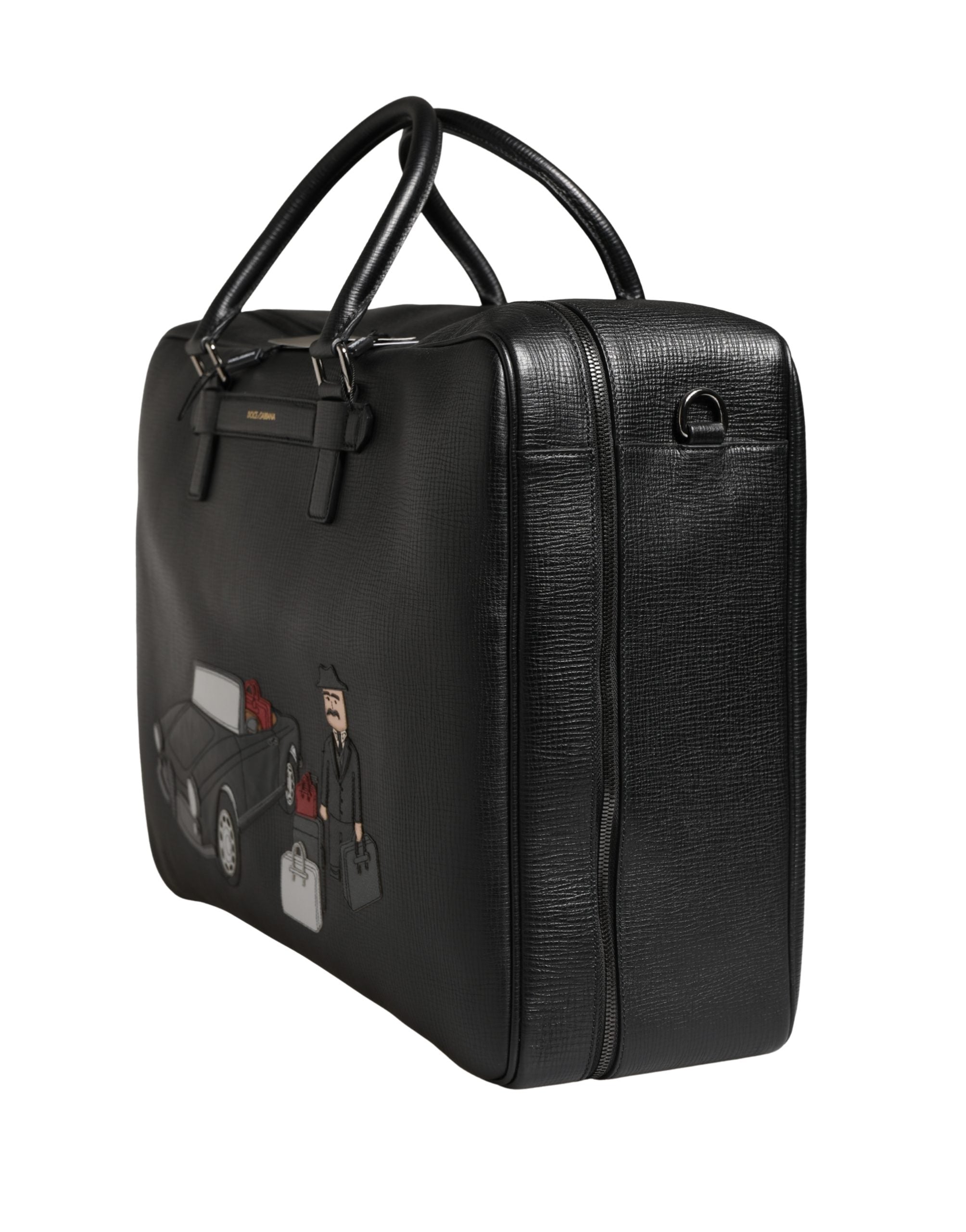 Sac weekender noir Dolce & Gabbana pour homme en cuir avec appliques, idéal pour voyager ou weekend.