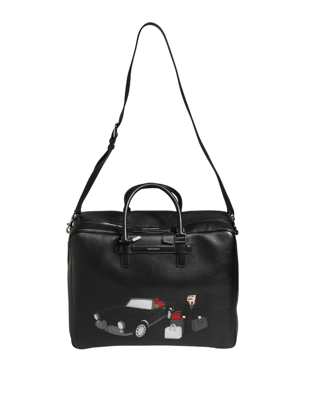 Sac weekender en cuir noir Dolce & Gabbana pour homme avec appliqué, style élégant et pratique pour les voyages.