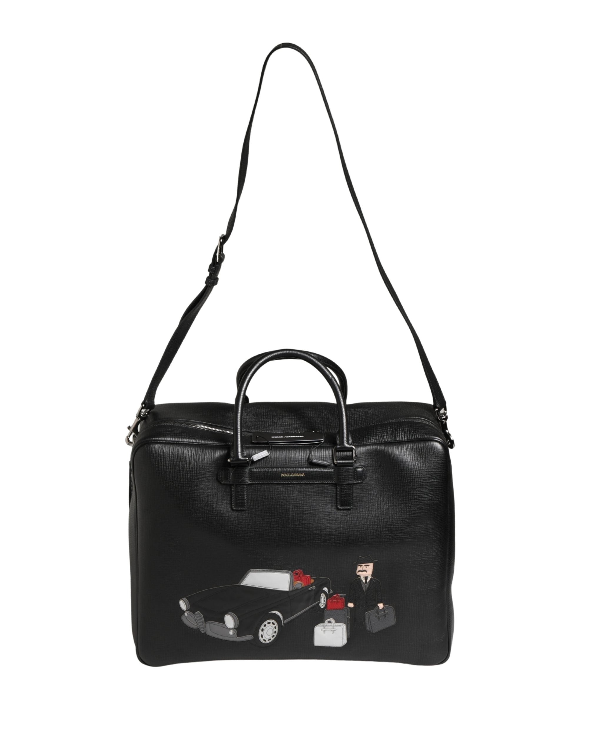 Sac weekender en cuir noir Dolce & Gabbana pour homme avec appliqué, style élégant et pratique pour les voyages.