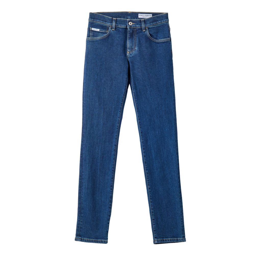 Jeans skinny en coton bleu de Dolce & Gabbana, coupe ajustée et détails modernes, visibles sur l'image.