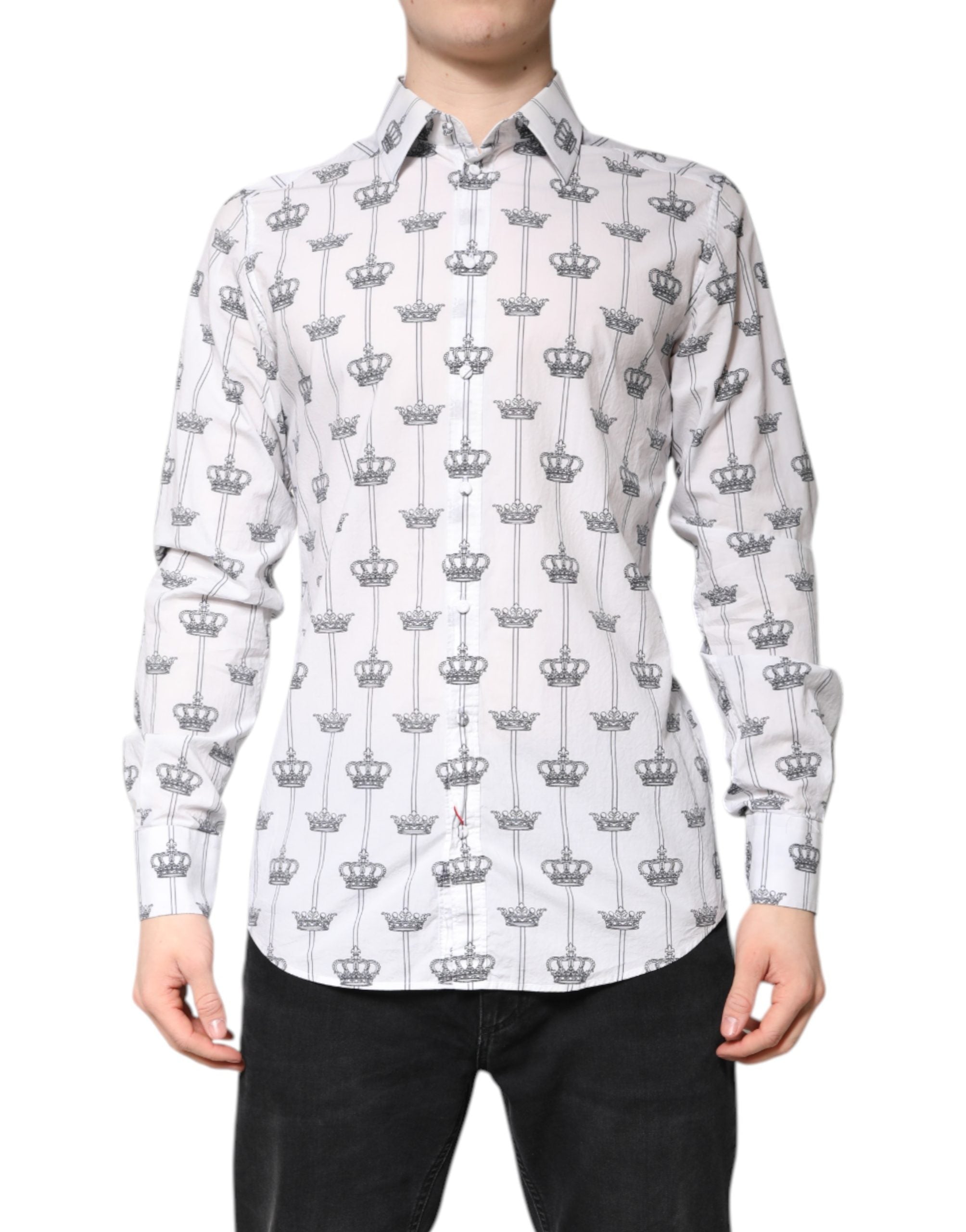 Chemise formelle blanche Dolce & Gabbana en coton avec motif couronne dorée, élégante et sophistiquée.