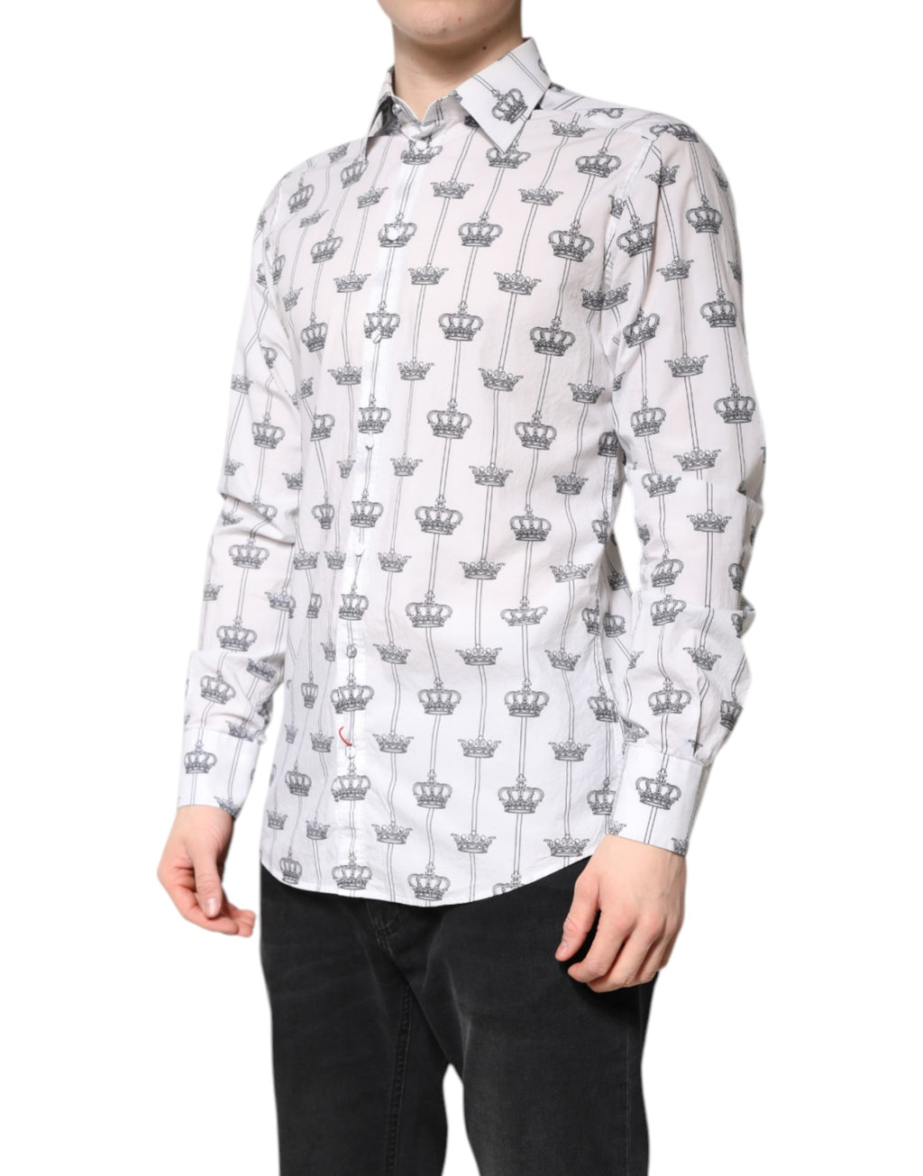 Chemise formelle blanche Dolce & Gabbana en coton avec couronne dorée, élégante et sophistiquée, vue de face.