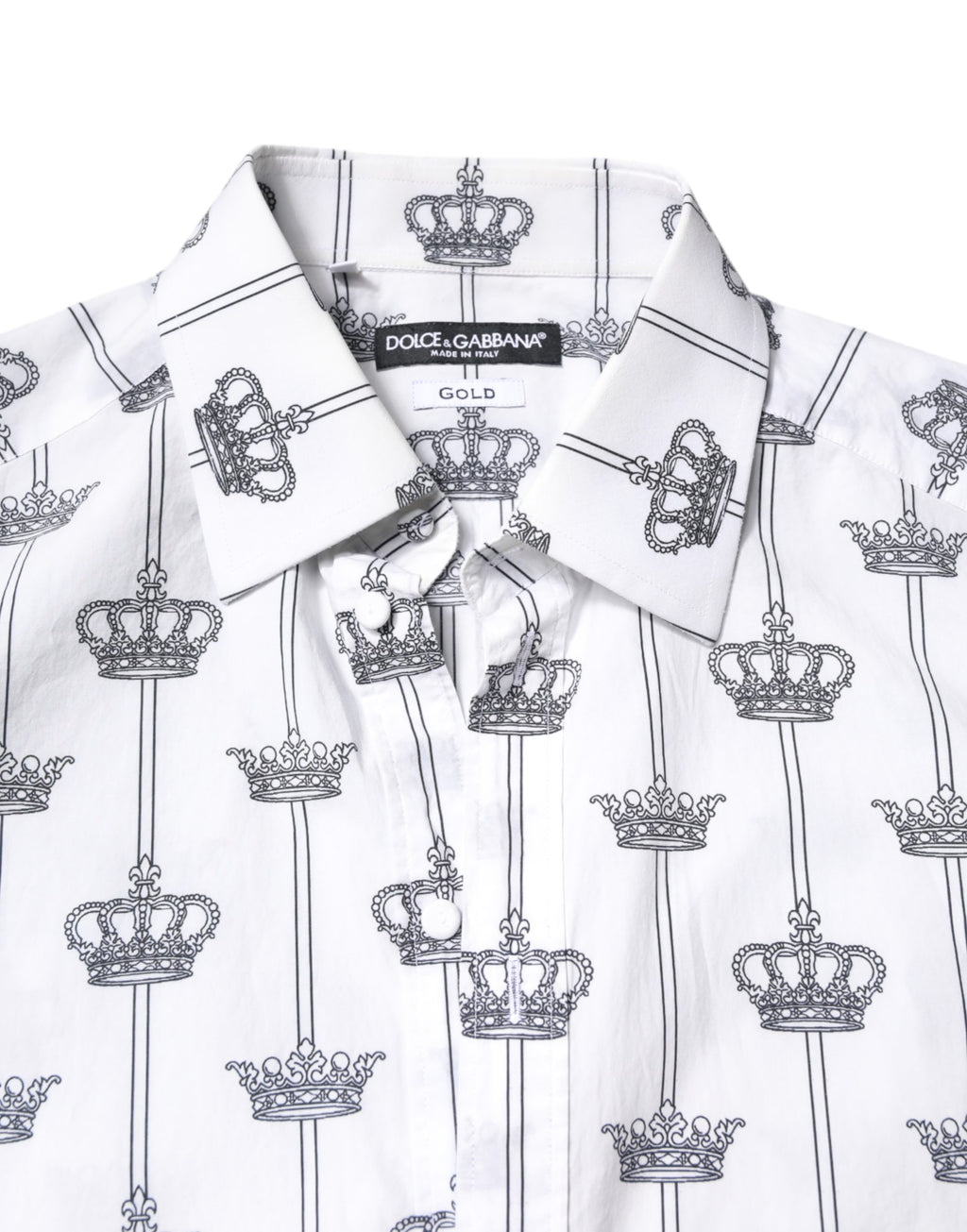 Chemise formelle Dolce & Gabbana blanche en coton avec ornement de couronne dorée, élégante et sophistiquée.