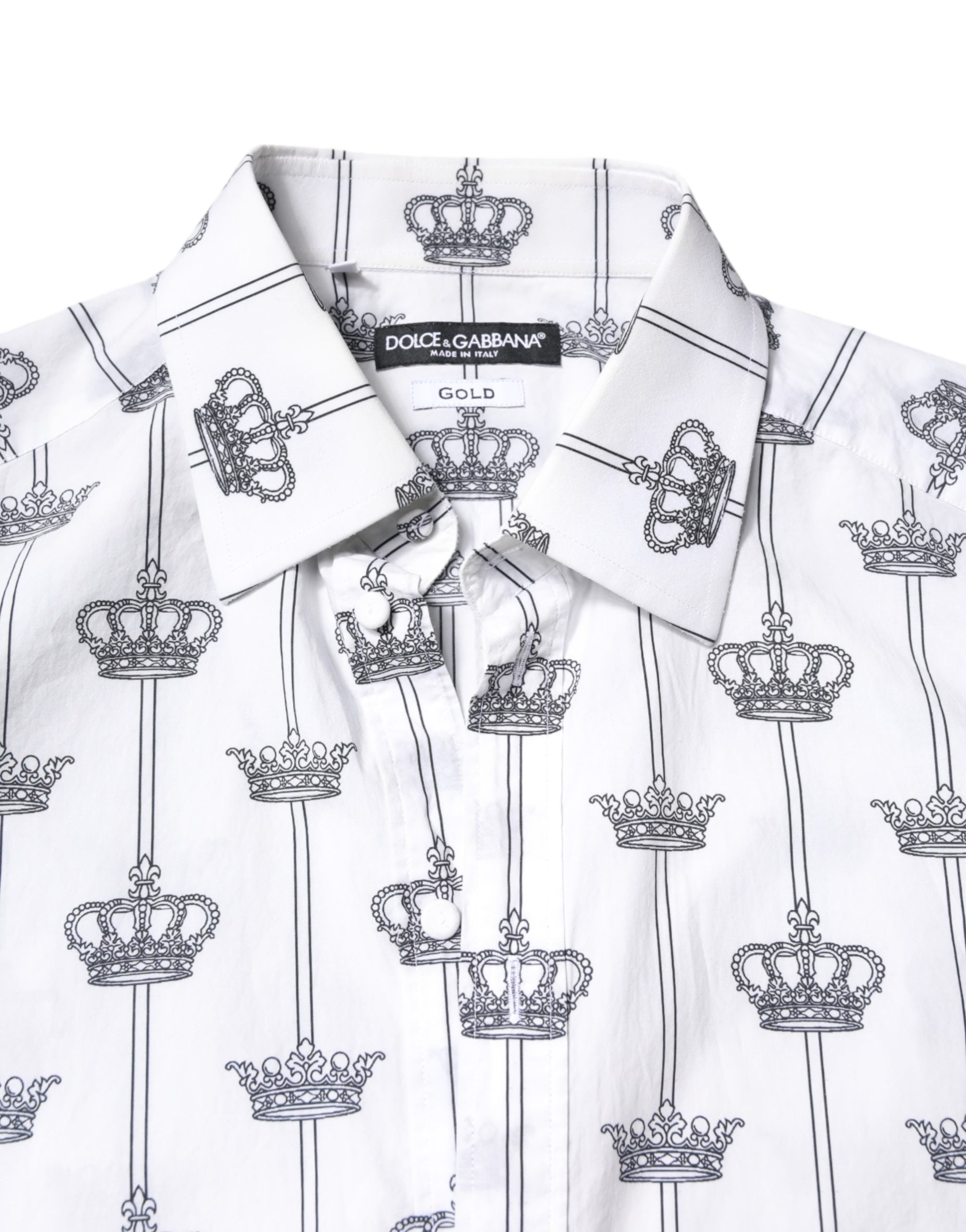 Chemise formelle Dolce & Gabbana blanche en coton avec ornement de couronne dorée, élégante et sophistiquée.