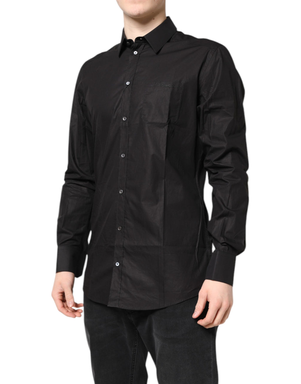 Chemise de costume Dolce & Gabbana noire en coton avec col, détails dorés, style formel et élégant.