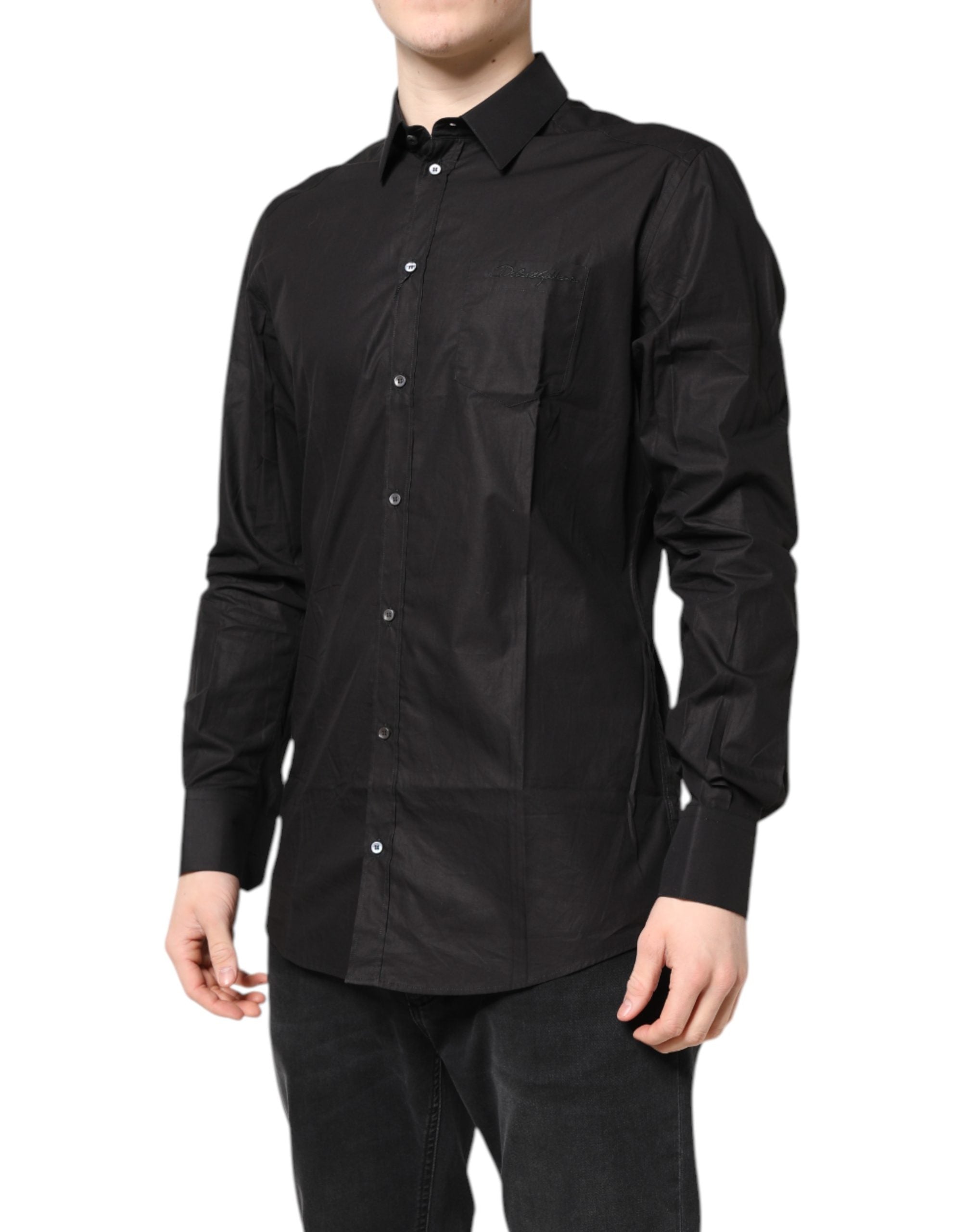 Chemise de costume Dolce & Gabbana noire en coton avec col, détails dorés, style formel et élégant.