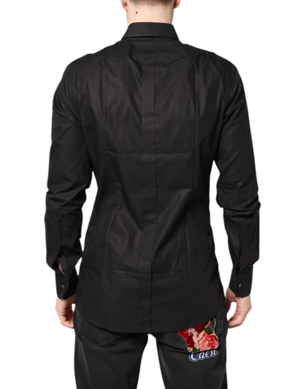 Chemise formelle noire Dolce & Gabbana en coton avec col, détails dorés, élégante chemise de costume pour homme.