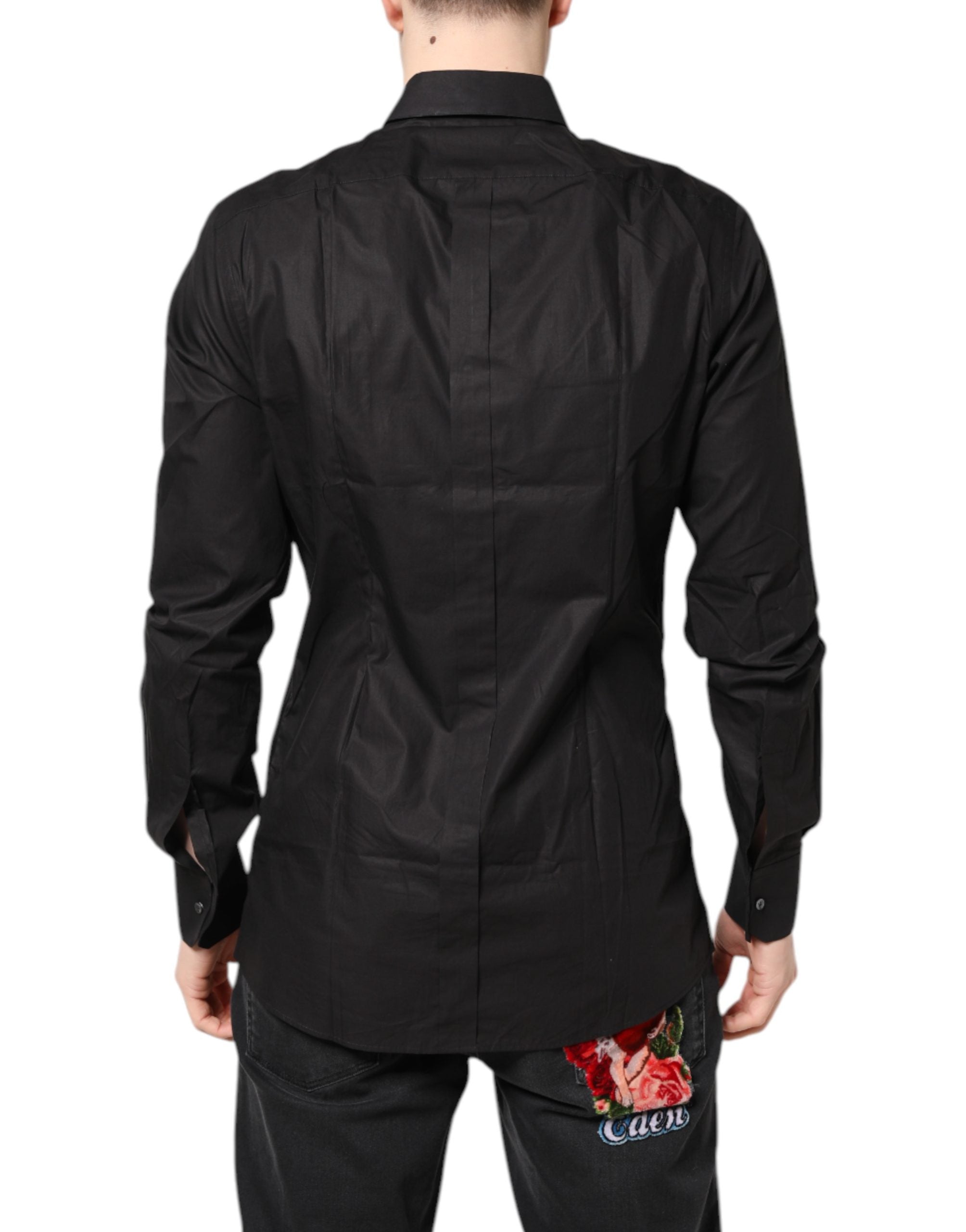 Chemise formelle noire Dolce & Gabbana en coton avec col, détails dorés, élégante chemise de costume pour homme.