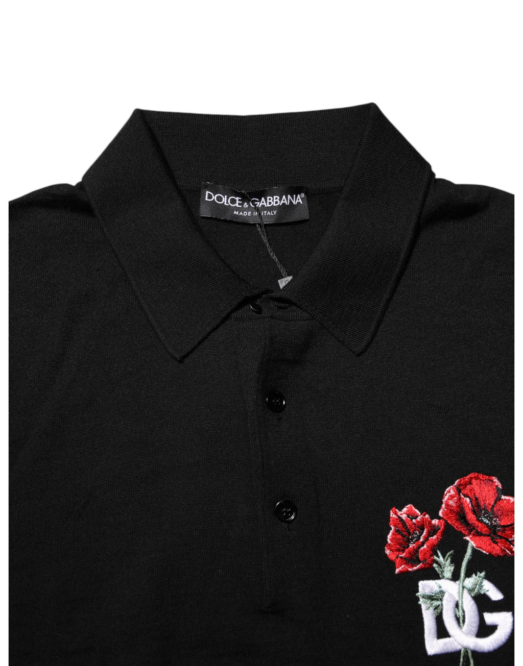 T-shirt à manches courtes noir en laine Dolce & Gabbana avec logo floral, design élégant et sophistiqué.