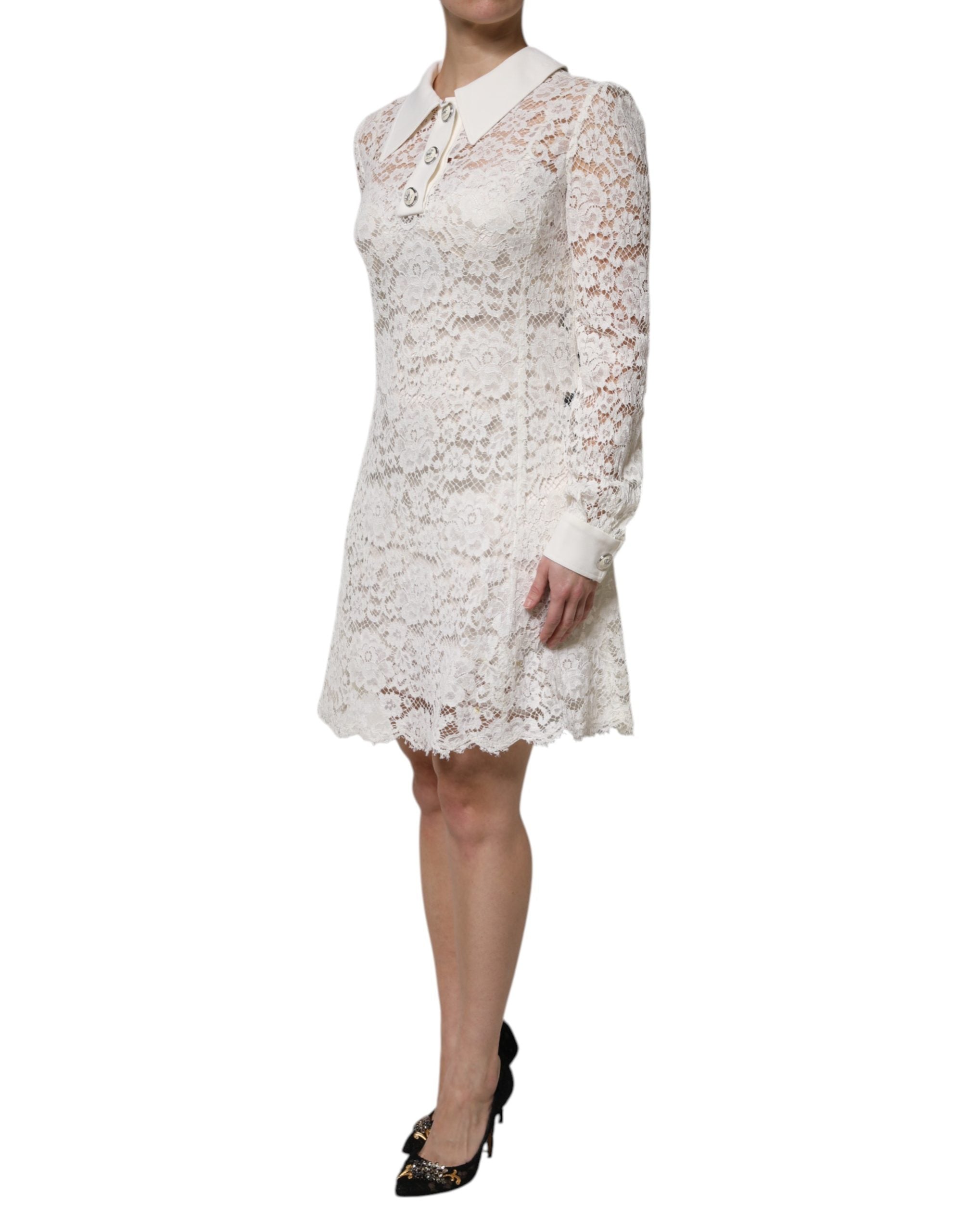 Robe courte en viscose blanche à fleurs en dentelle avec col pour femme, élégant style Dolce & Gabbana, détails floraux visibles.