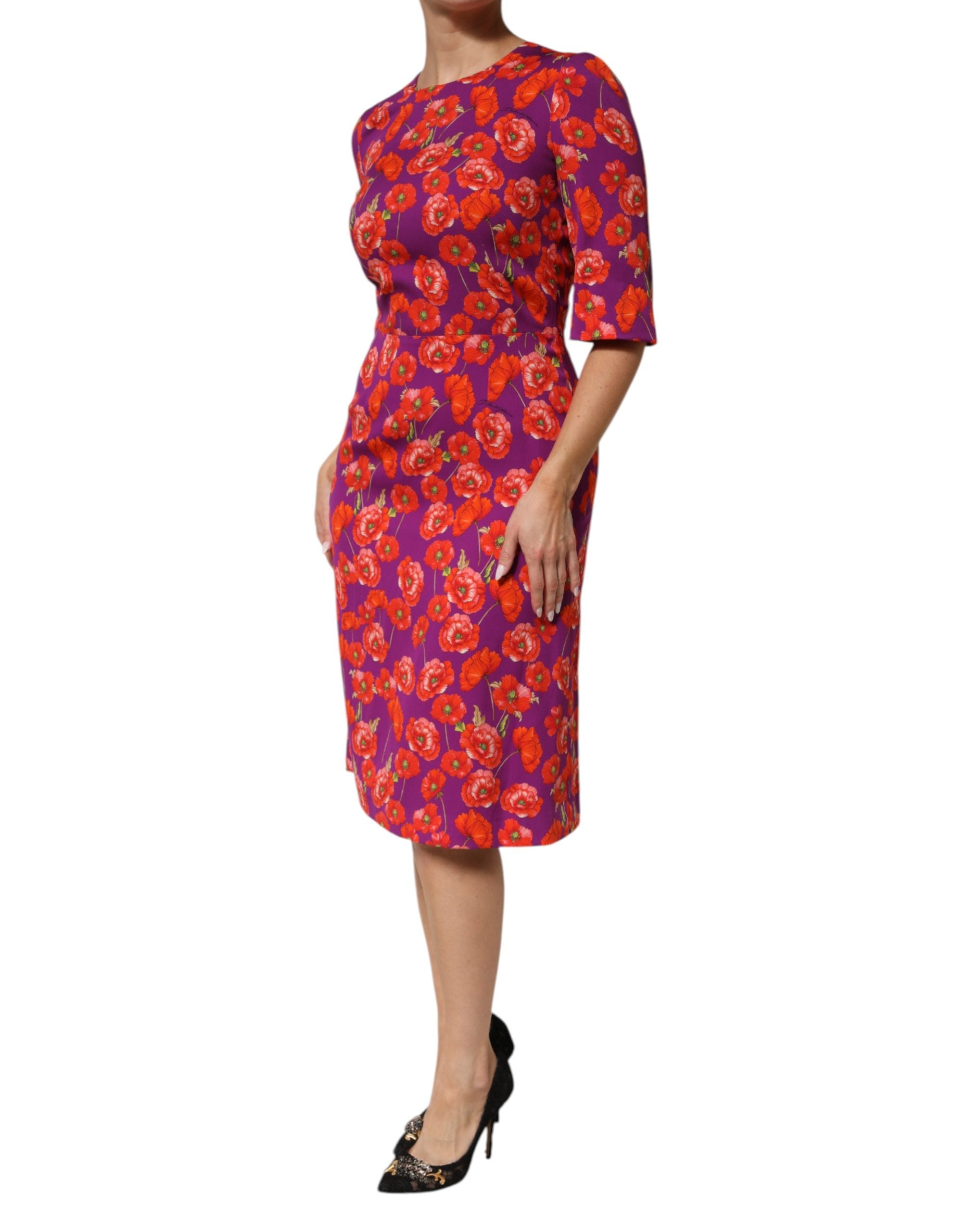 Robe midi à coupe ajustée en soie violette avec imprimé floral Dolce & Gabbana, élégante et sophistiquée.