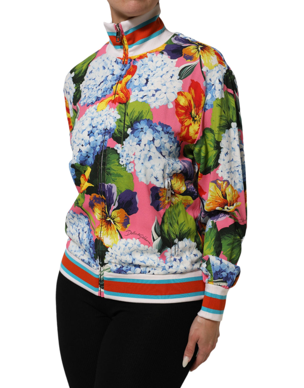 Veste cardigan Dolce & Gabbana à fermeture éclair, motif floral multicolore, style élégant et moderne.