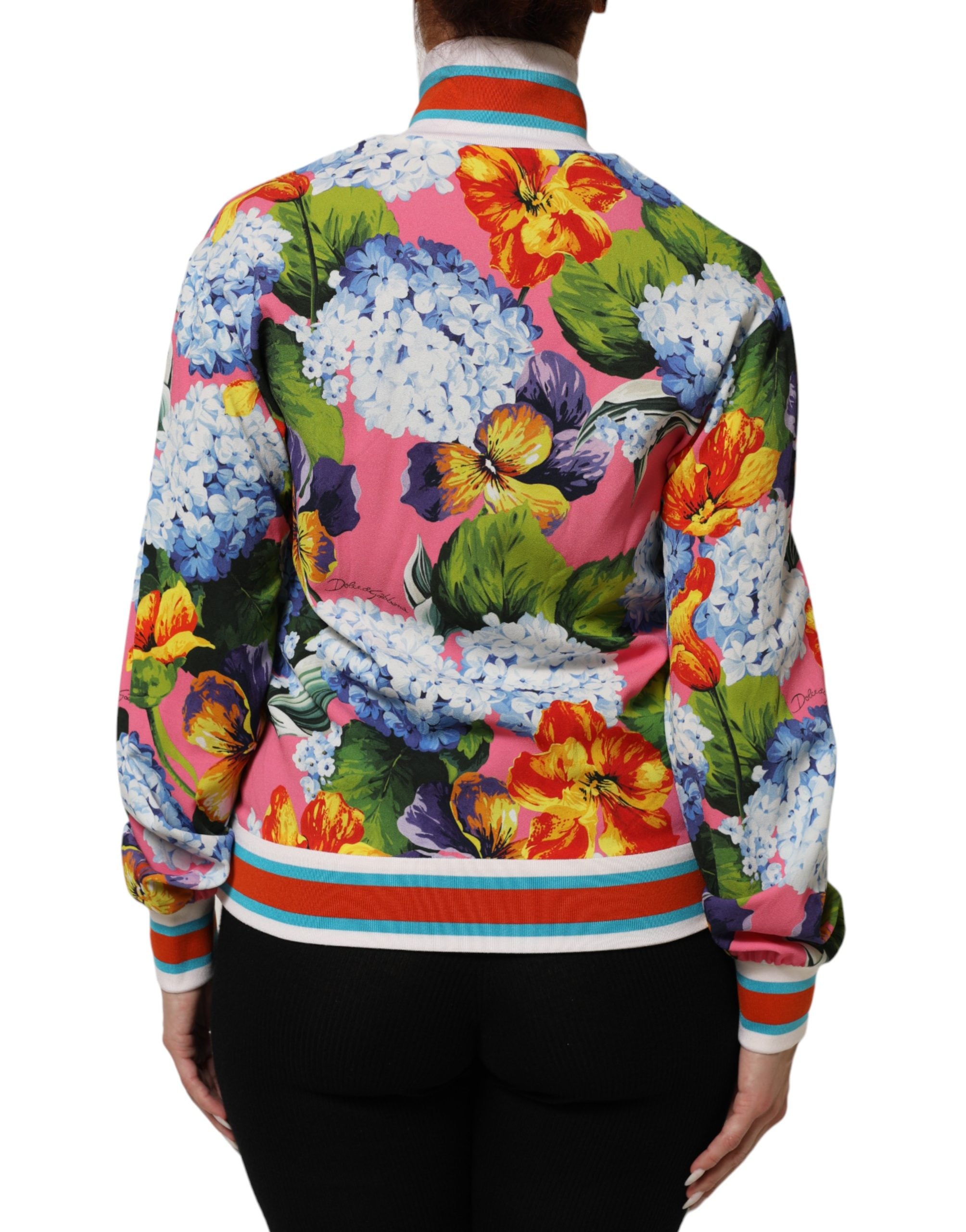 Cardigan zip Dolce & Gabbana à motif floral multicolore, veste légère avec motif floral coloré et fermeture éclair.