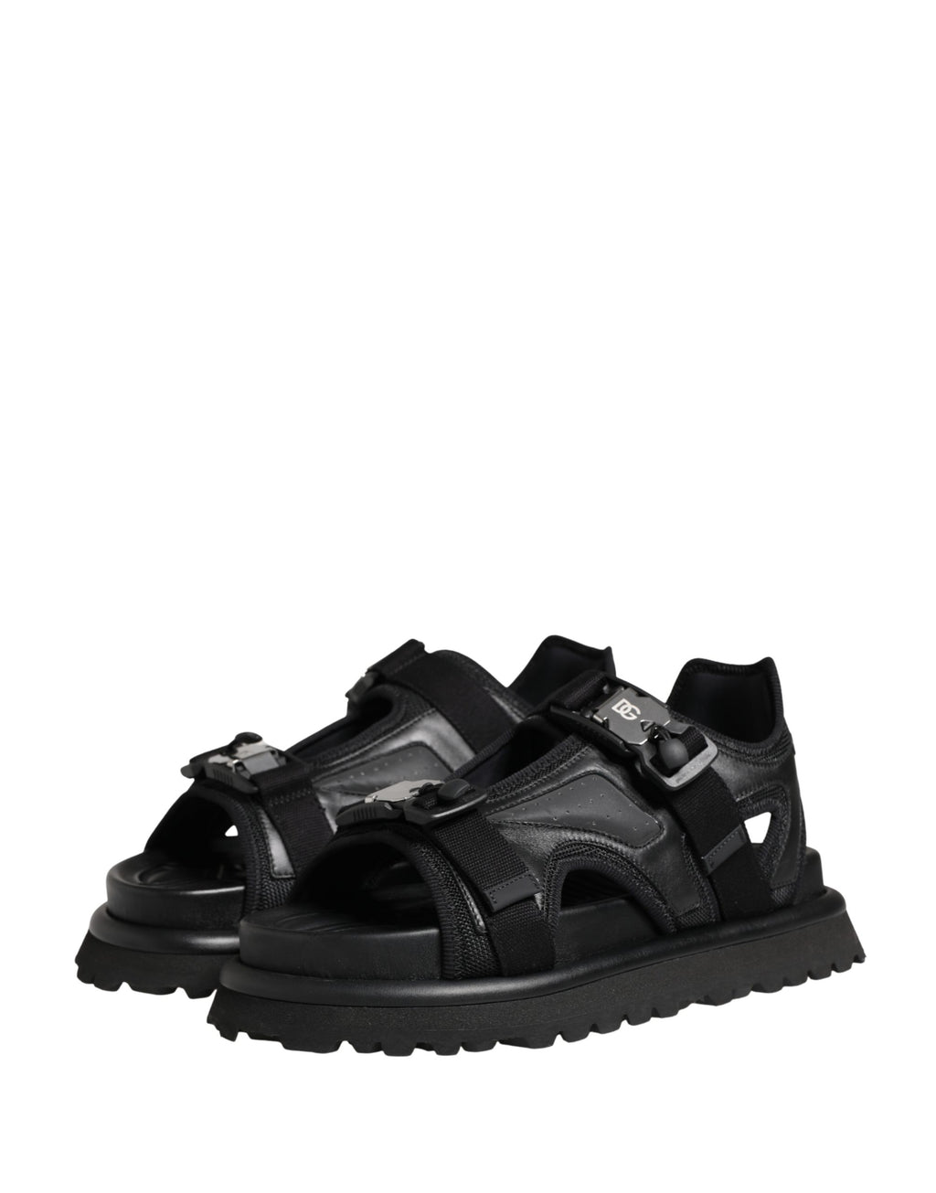 Sandales pour hommes Dolce & Gabbana noires avec logo détaillé, chaussures chunky en cuir élégant.