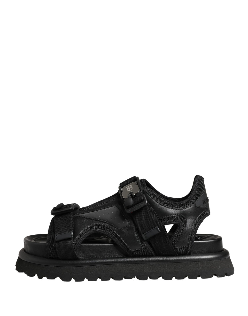 Sandales pour homme Dolce & Gabbana noires à logo détaillé, chaussures chunky avec semelle épaisse et design élégant.