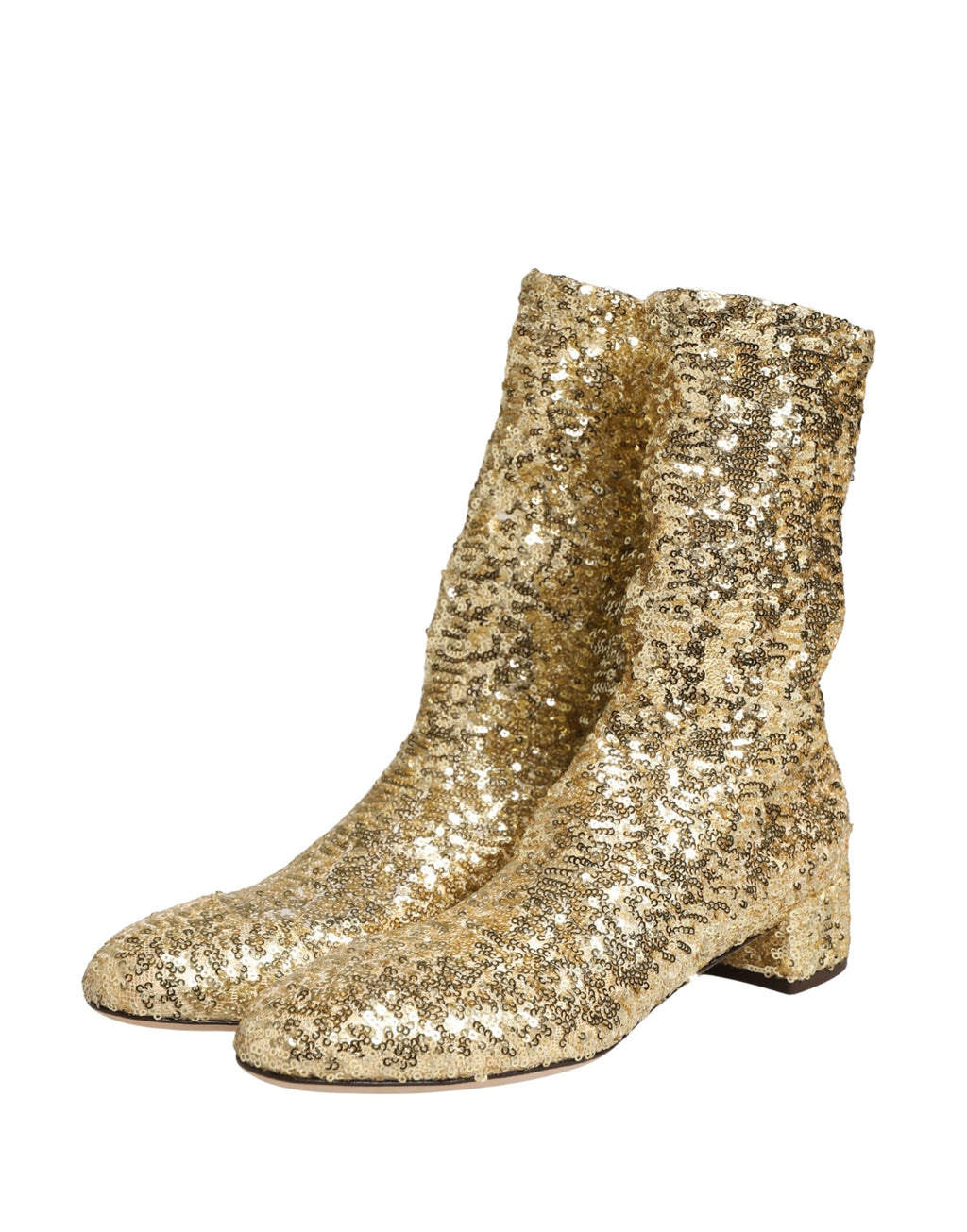 Bottes courtes en sequins dorés Dolce & Gabbana avec semelle stretch, élégantes et brillantes pour un style sophistiqué.
