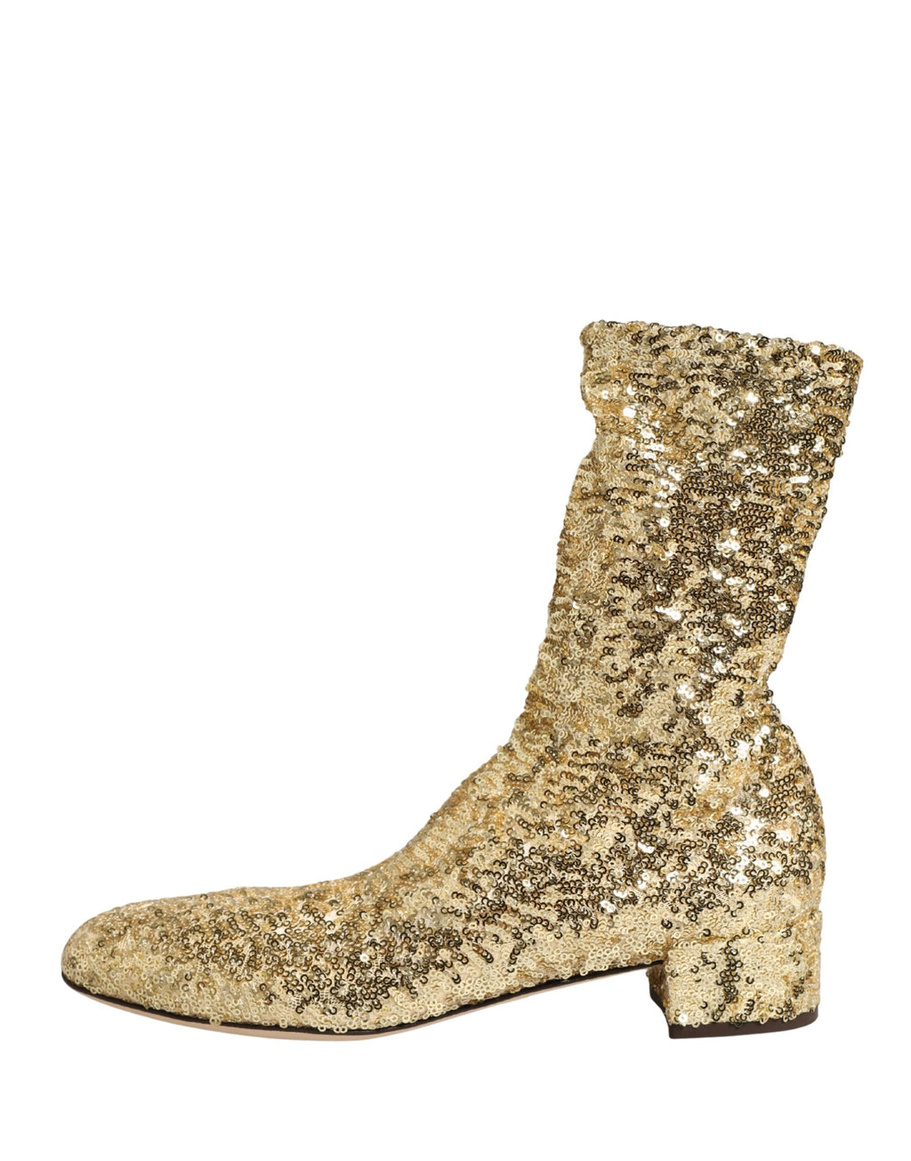 Bottes courtes dorées Dolce & Gabbana à sequins avec élastiques stretch, mode élégante et brillante.