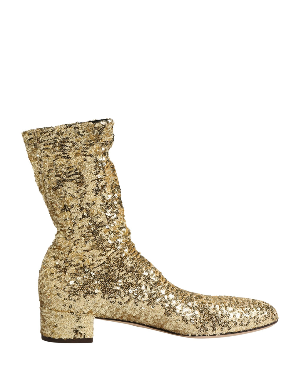 Bottes courtes dorées Dolce & Gabbana à sequins étirables avec semelle en caoutchouc, finition brillante et talon compact