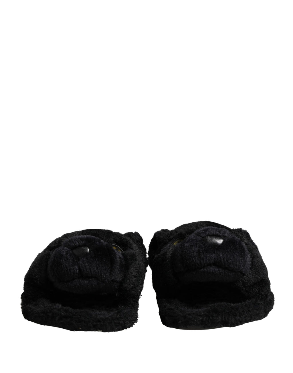 Sandales plates Dolce & Gabbana en fausse fourrure noire avec motif puma, chaussures confortables et élégantes.