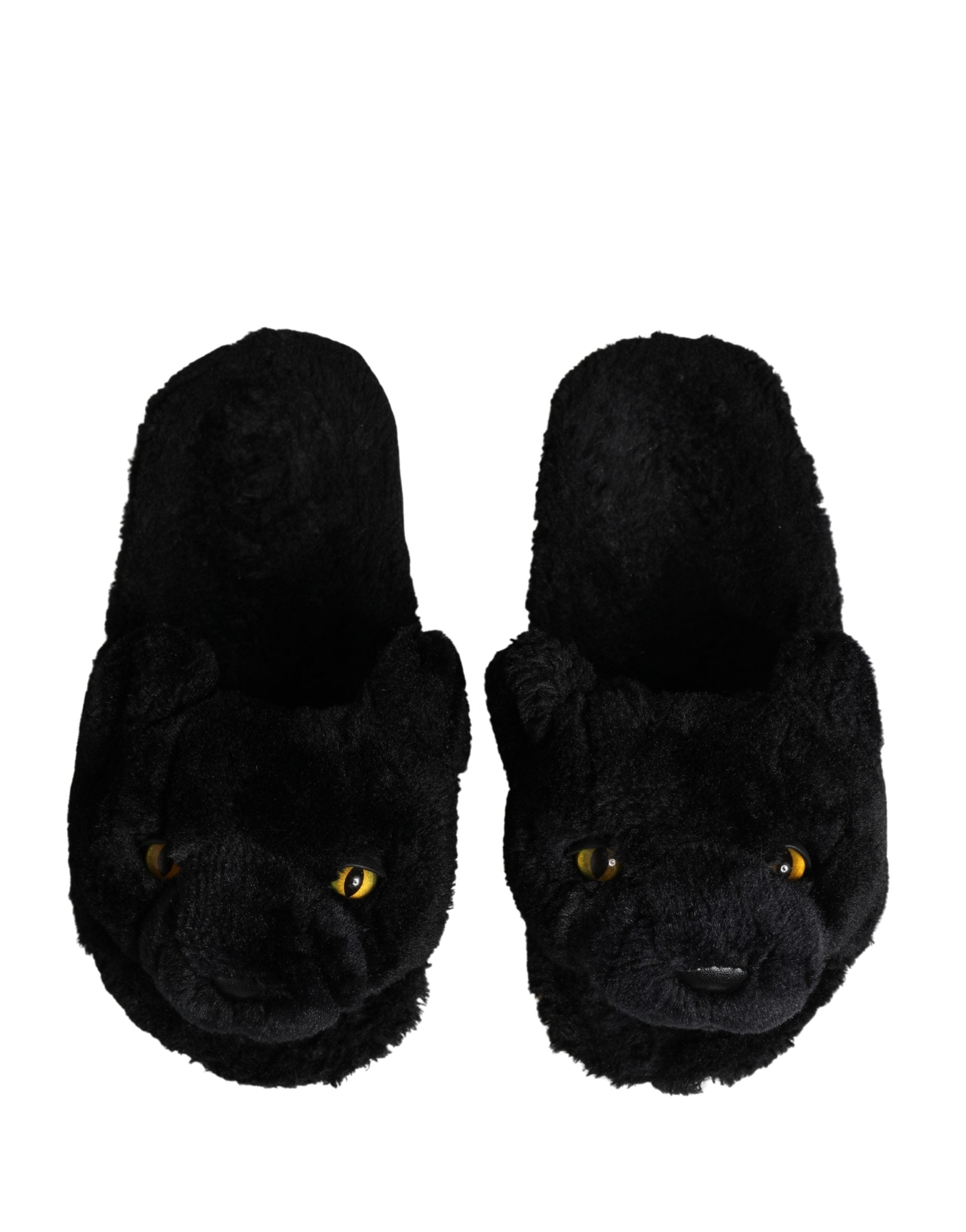 Chaussures plates Dolce & Gabbana en fausse fourrure noire avec motif de panthère, chaussures confortables et élégantes.