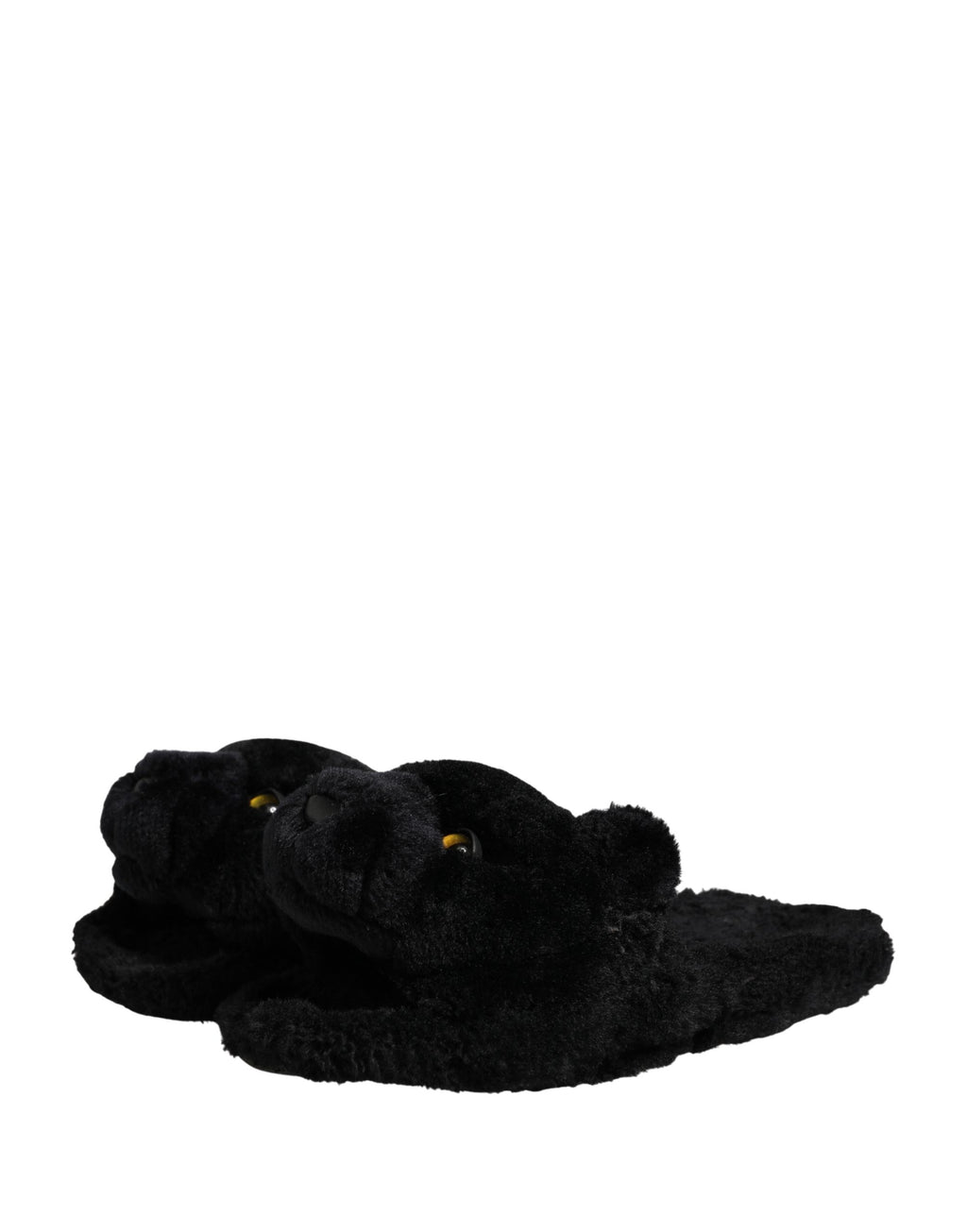 Chaussures plates en fausse fourrure noire Dolce & Gabbana avec motif de panthère en peluche, sandales confortables et élégantes.