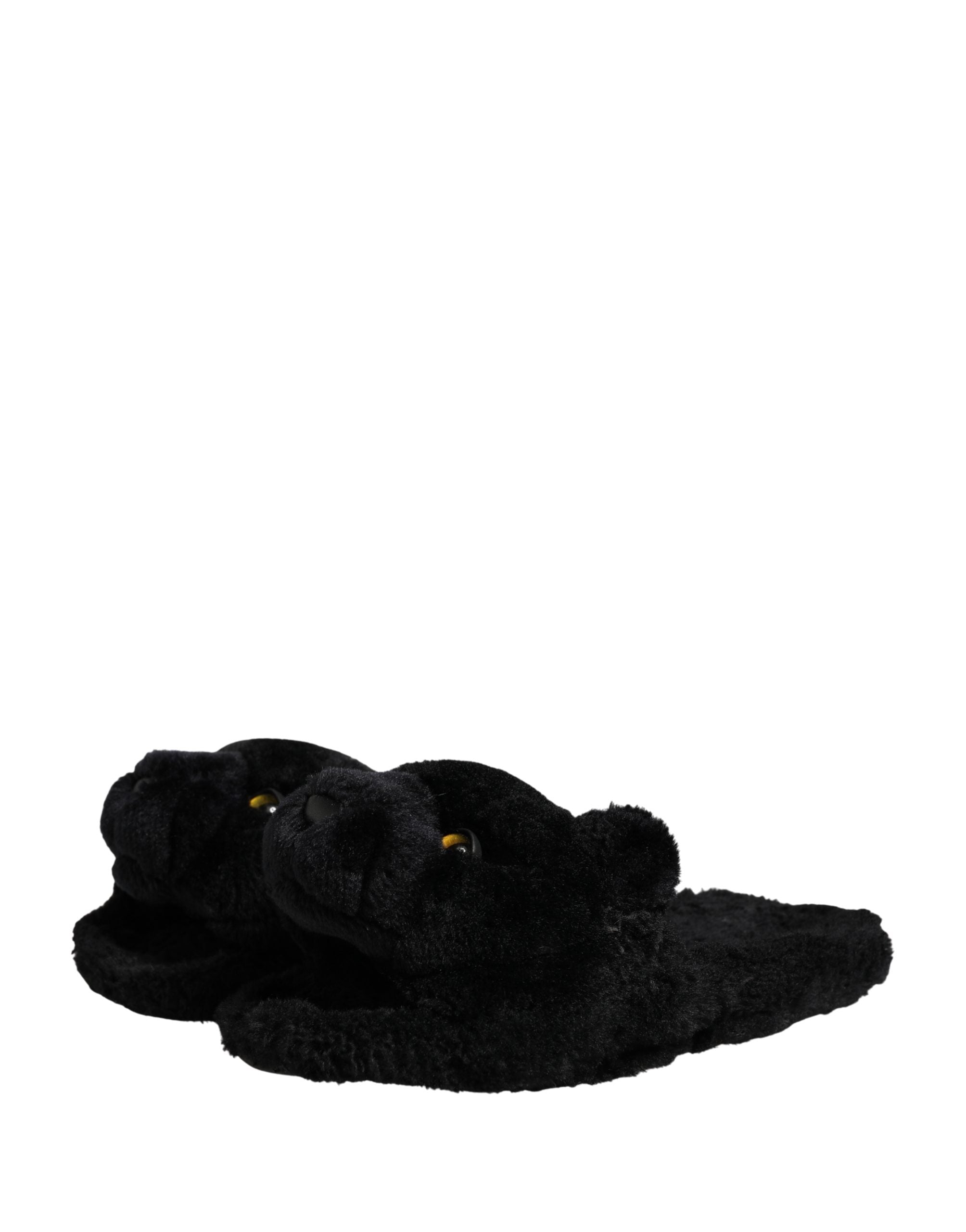 Chaussures plates en fausse fourrure noire Dolce & Gabbana avec motif de panthère en peluche, sandales confortables et élégantes.