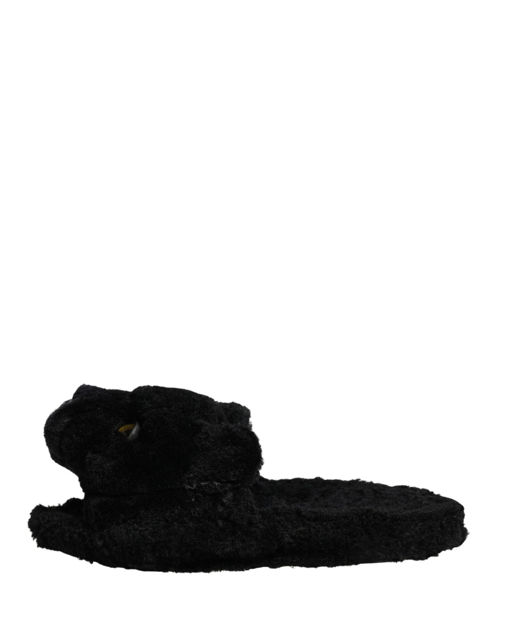 Chaussures plates Dolce & Gabbana en fausse fourrure noire avec motif panthère, sandales confortables et élégantes.