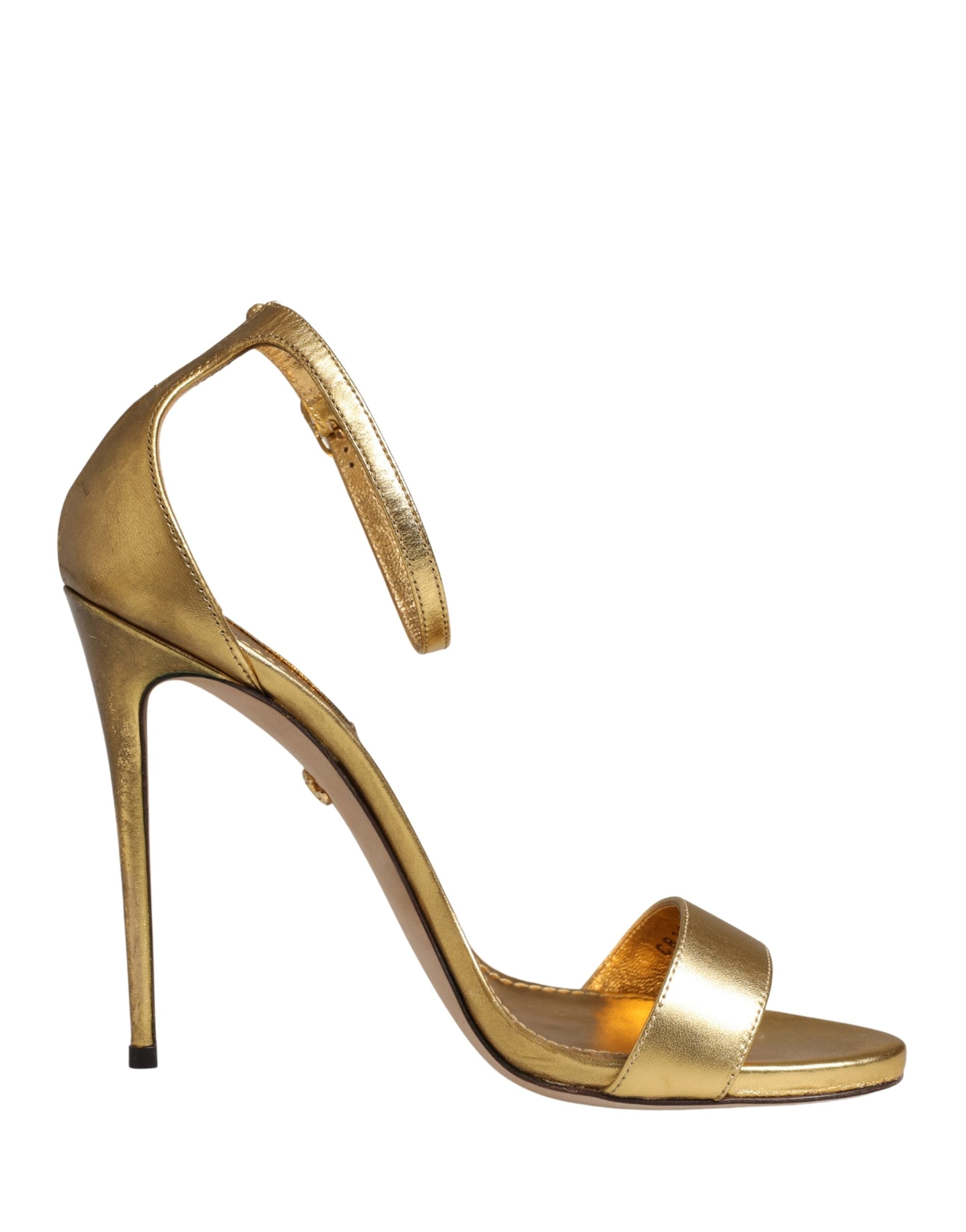 Sandales à talons hauts Dolce & Gabbana Keira en cuir doré, chaussures élégantes pour femmes, vue en gros plan.