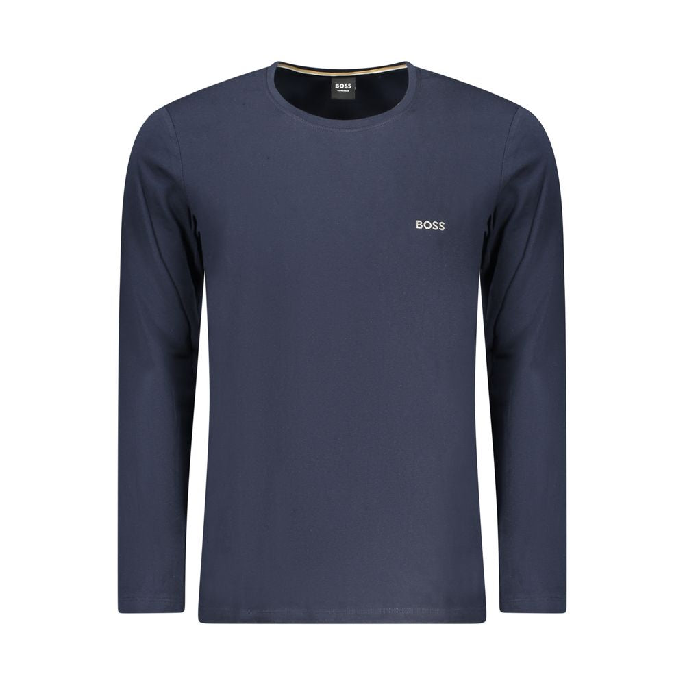 T-shirt homme en coton bleu de la marque Hugo Boss, coupe classique avec col rond, porté sur un mannequin.